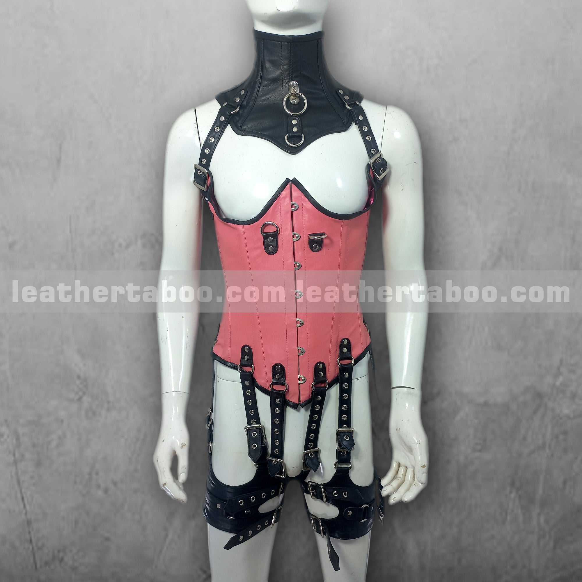 Pink and Black Sheepskin Leather Corset Outfit with Buckled Harness Straps | Adjustable Fit | Performance or Fashion Wear - leather taboo