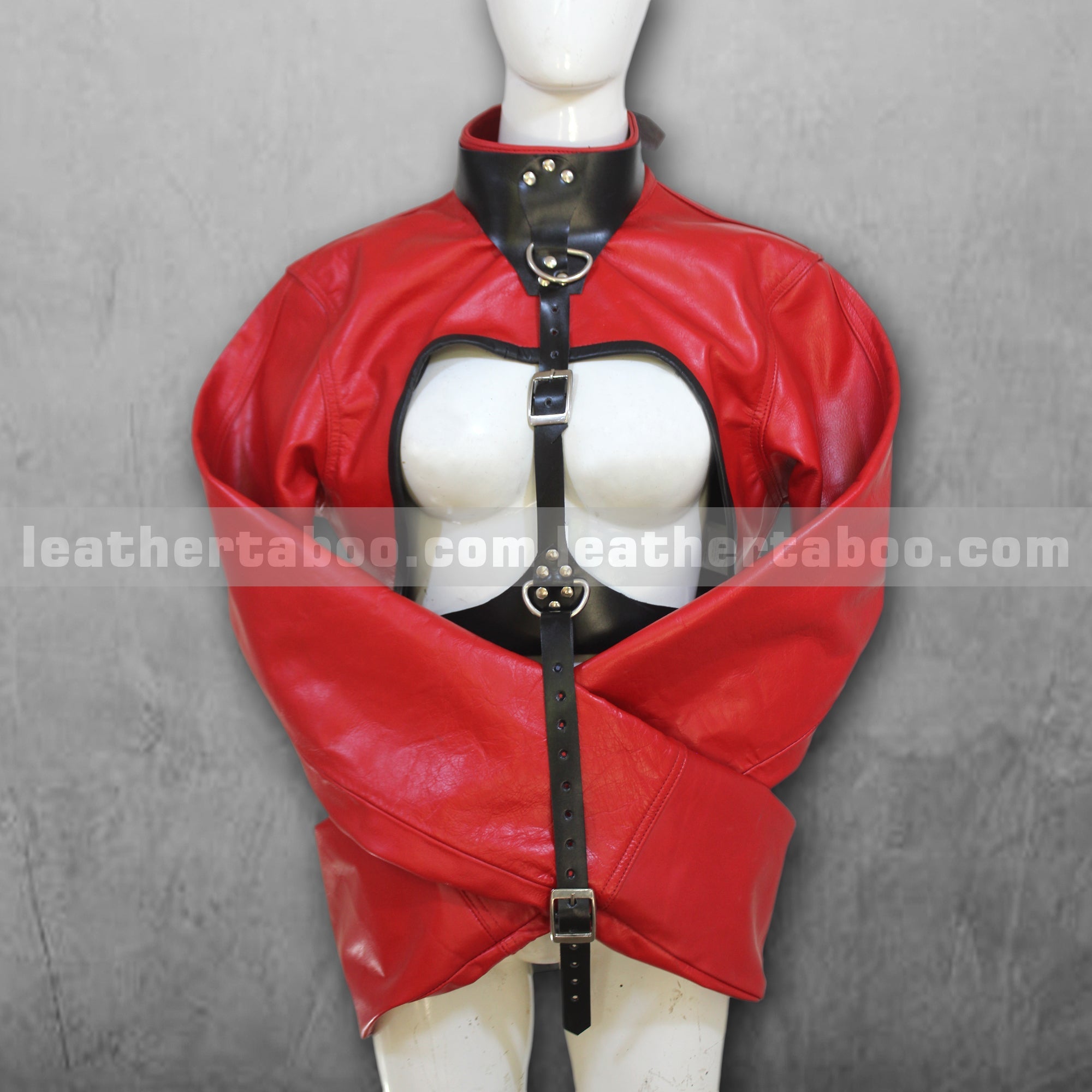 Unisex-Premium-Cowhide-Leather-Red-Restraint-Jacket-with-Black-Strap-Details-Crossed-Sleeve-Design-Adjustable-Buckled-Back-Harness-Accent leather taboo
