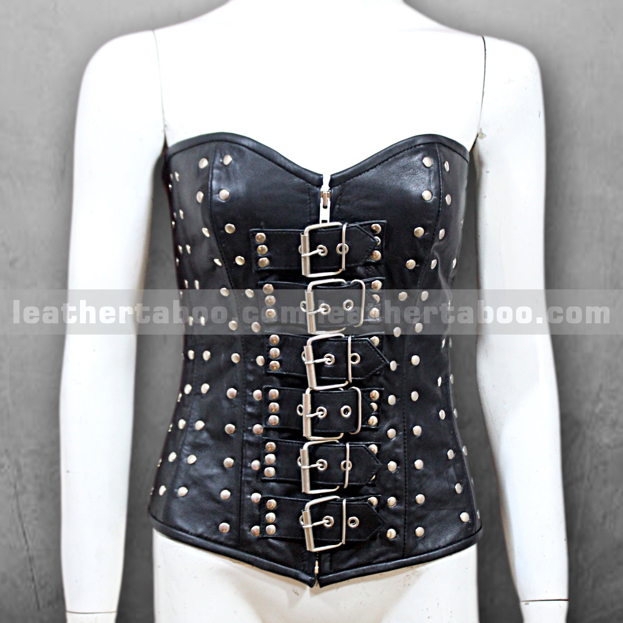 Black Sheepskin Leather Corset Top with Silver Studs, Buckle Front & Lace-Up Back, Adjustable Fit, Gothic Steampunk Waist Cincher - leather taboo