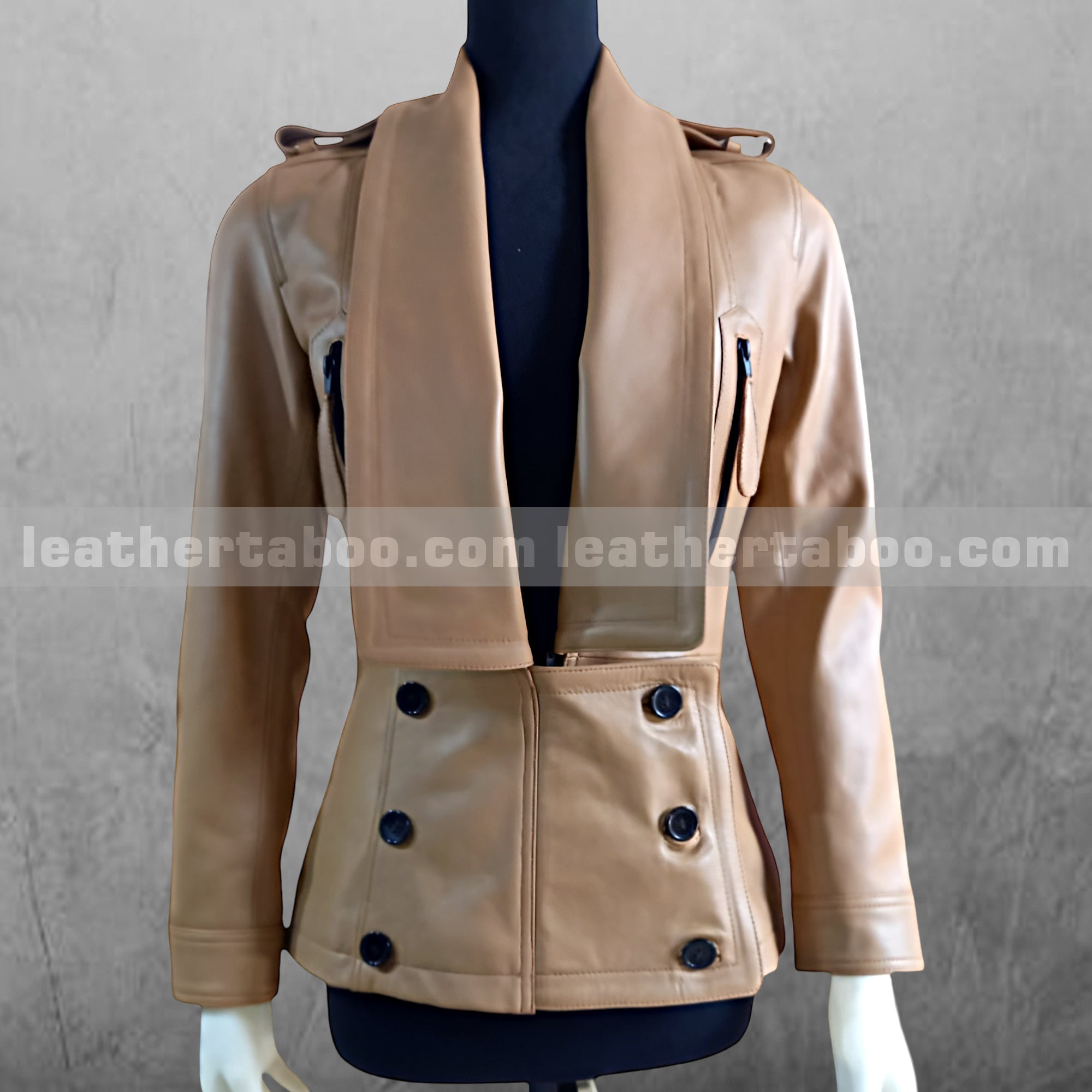 Tan Leather Double-Breasted Jacket – Women’s Fitted Blazer Style Coat with Zipper Pockets & Shoulder Epaulettes