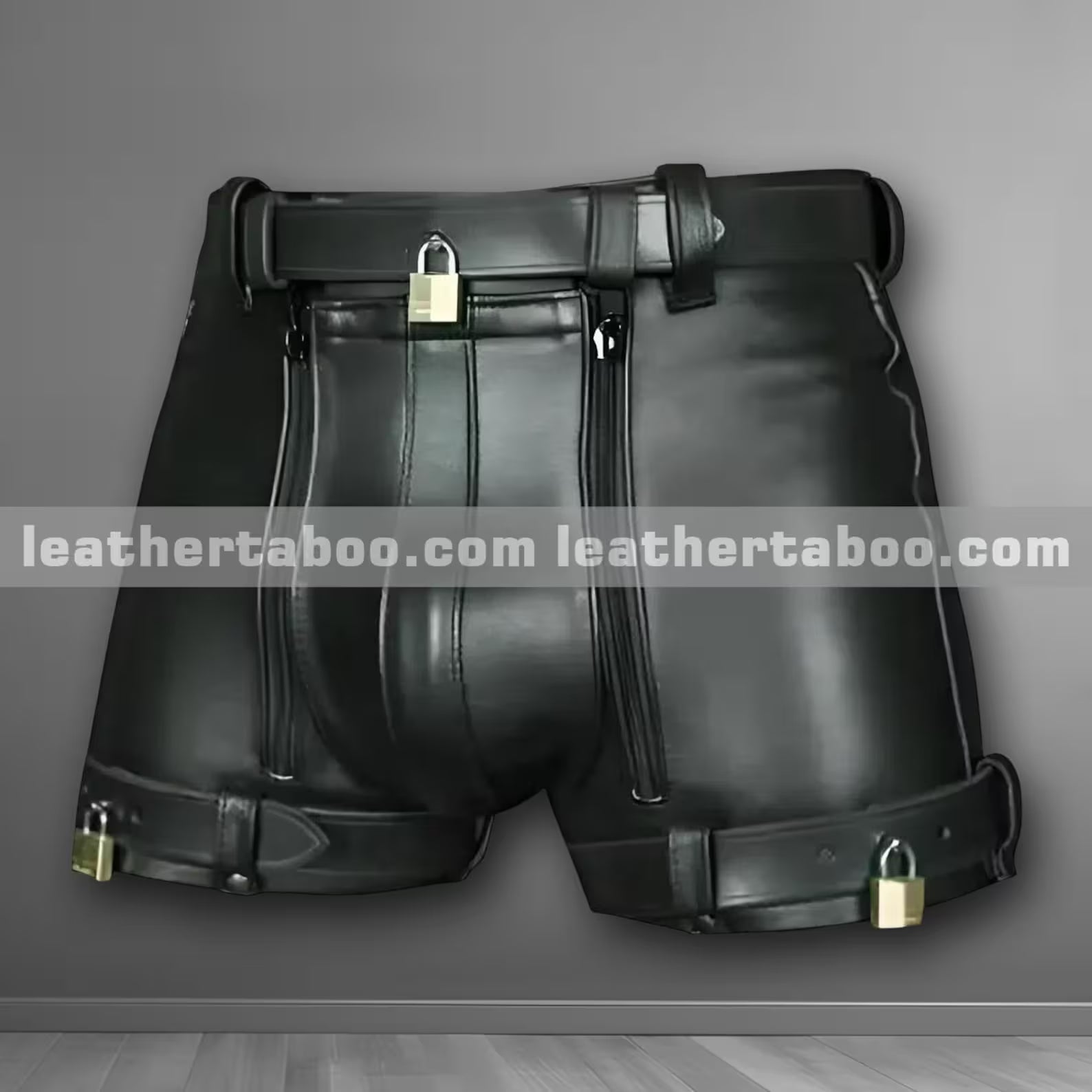 Black Genuine Leather Shorts Men's Modern Style Rear Zipper, Clubwear