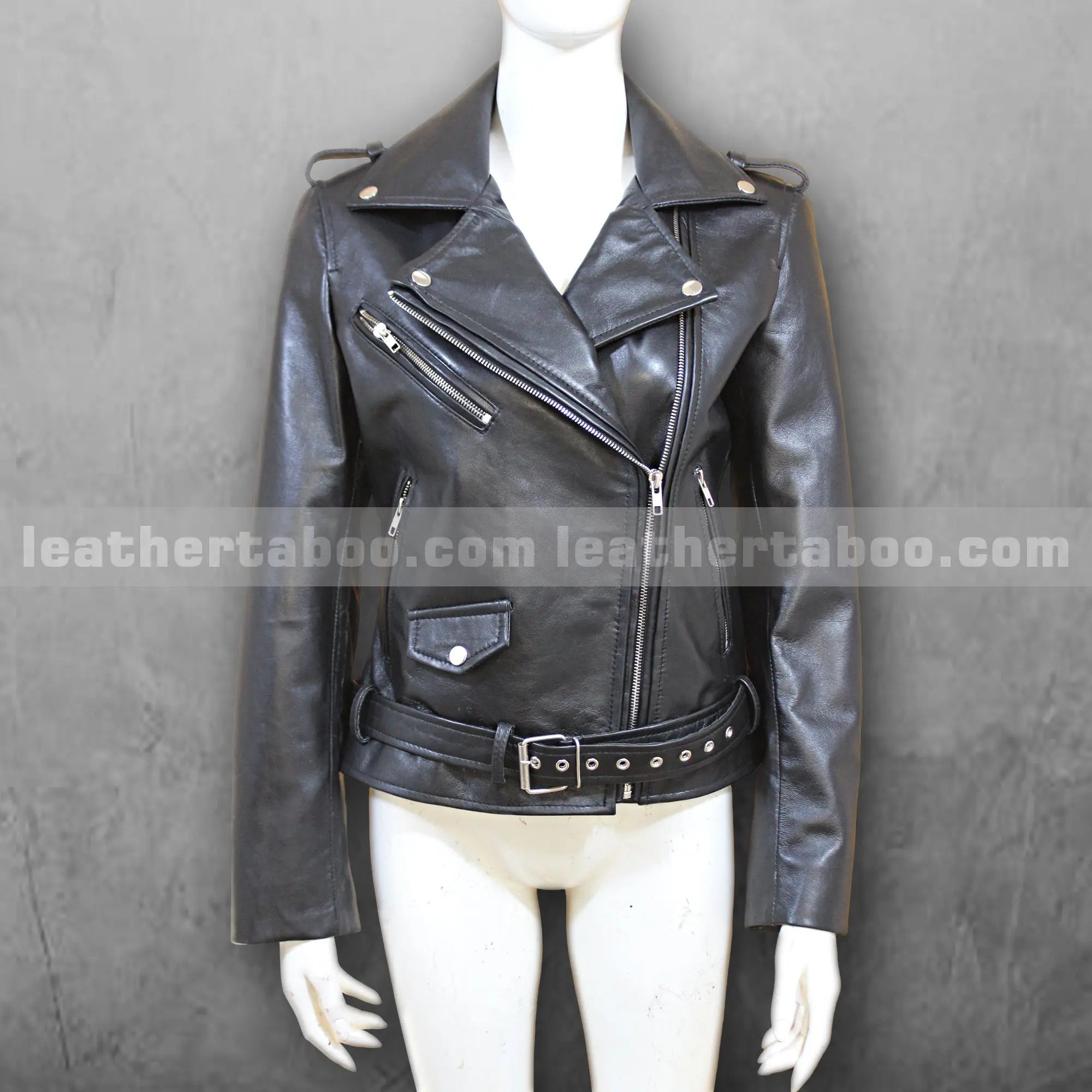 Women's Sheepskin Leather Biker Jacket with Belted Waist and Zipper Pockets | Black Moto Style Outerwear for Everyday Wear - Leather taboo