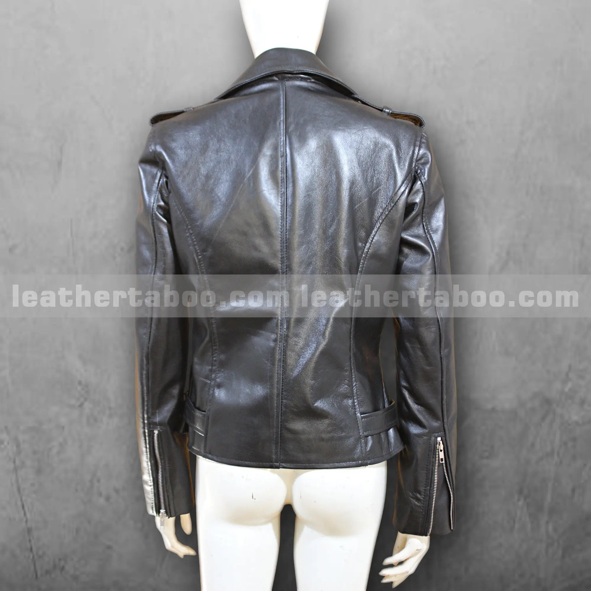 Women's Sheepskin Leather Biker Jacket with Belted Waist and Zipper Pockets | Black Moto Style Outerwear for Everyday Wear - Leather taboo