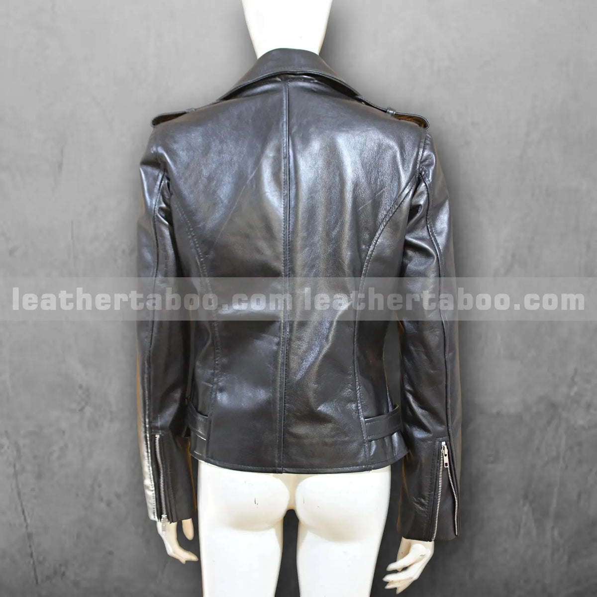 Women's Sheepskin Leather Biker Jacket with Belted Waist and Zipper Pockets, back view