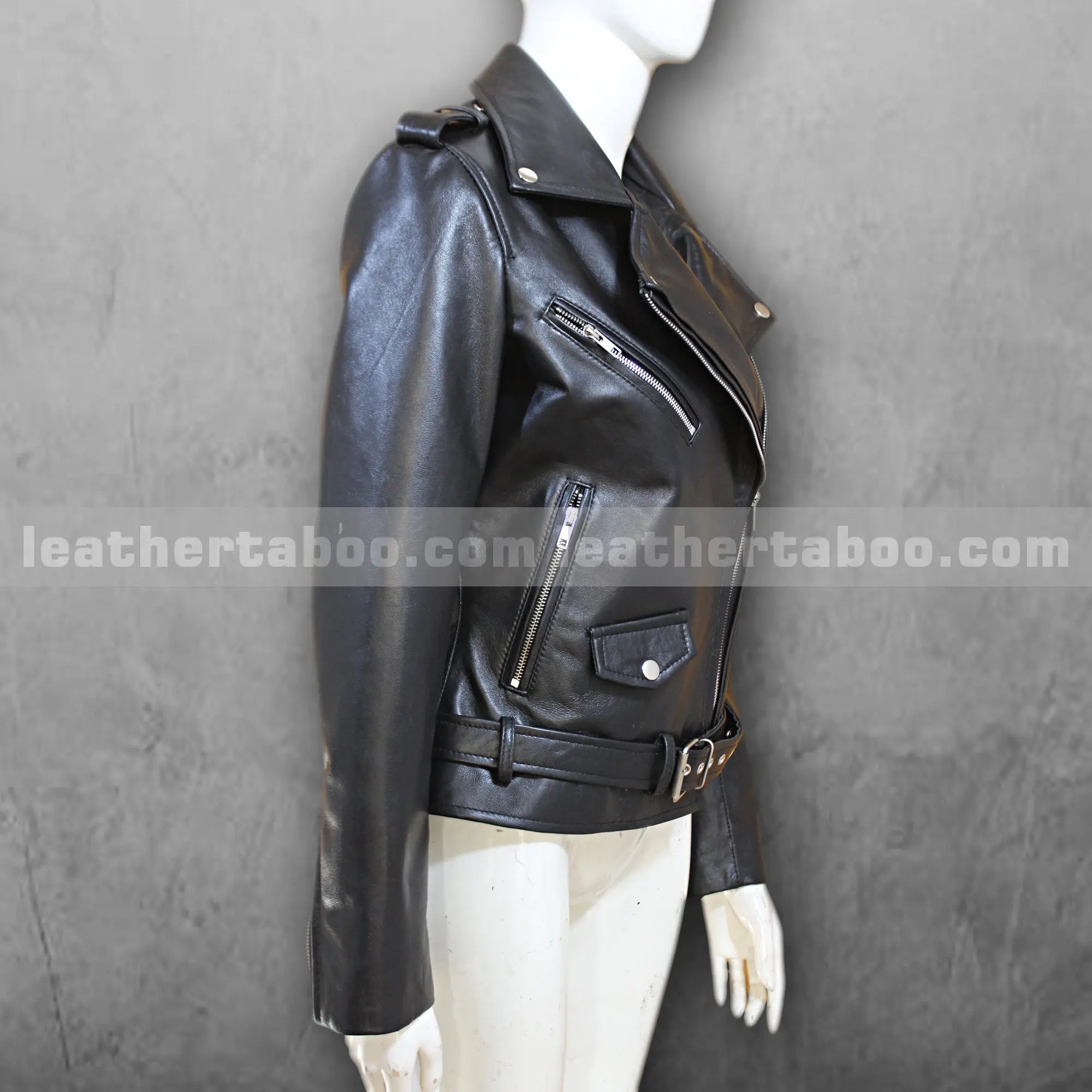 Women's Sheepskin Leather Biker Jacket with Belted Waist and Zipper Pockets | Black Moto Style Outerwear for Everyday Wear - Leather taboo