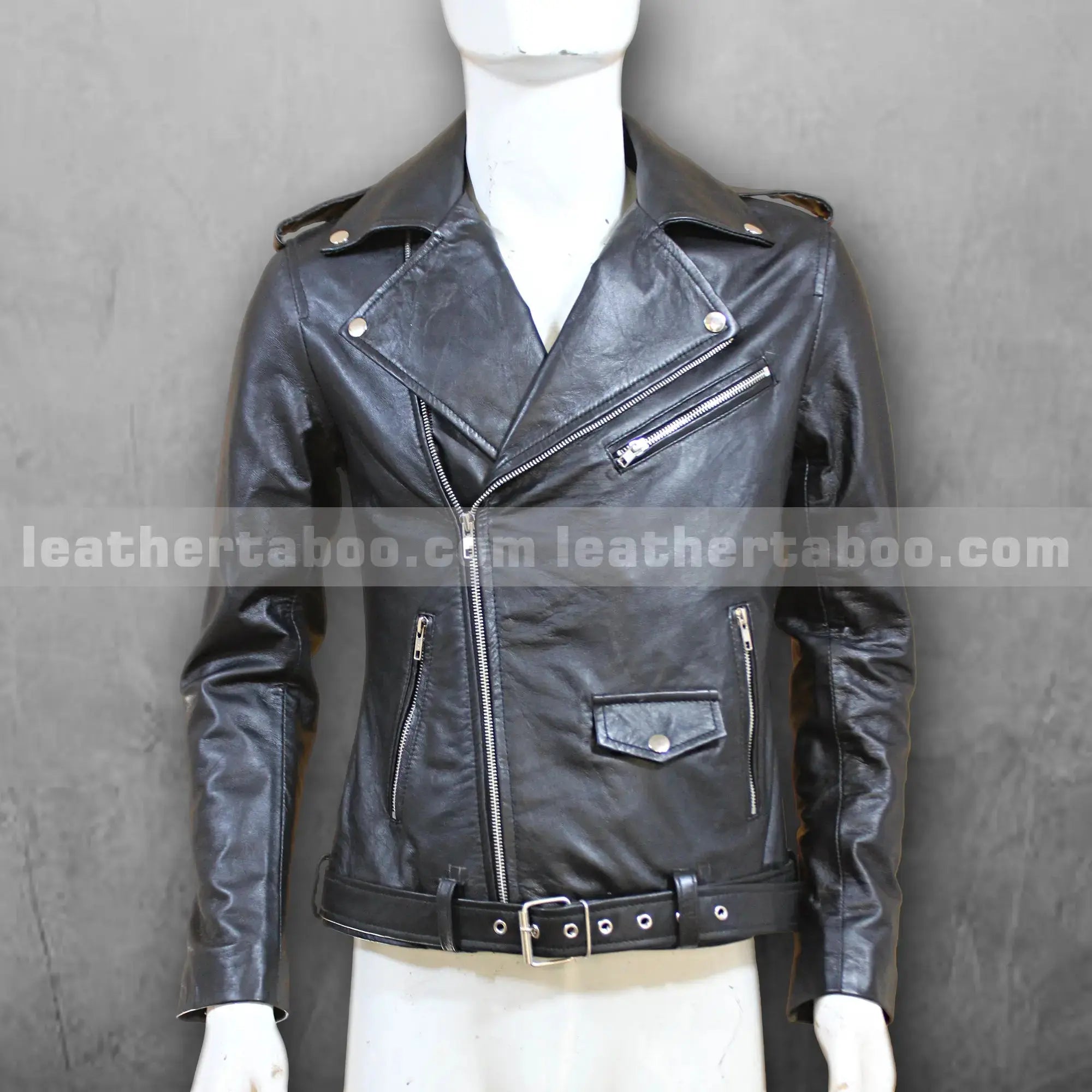 Menโs Black Motorcycle Style Leather Jacket | Premium Sheepskin | Classic Biker Look | Zipper & Belt Detailing - Leather taboo