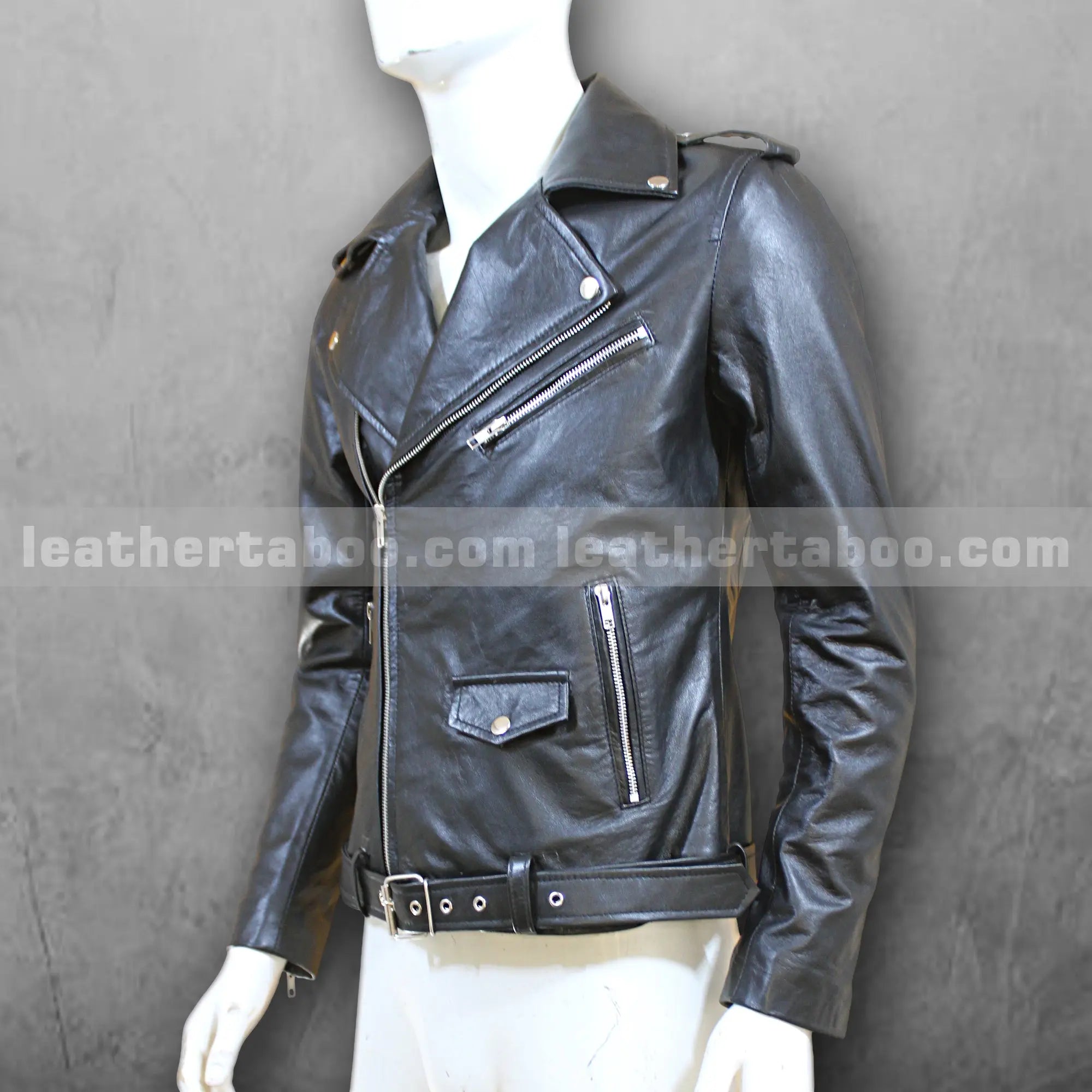 Men’s Black Motorcycle Style Leather Jacket | Premium Sheepskin | Classic Biker Look | Zipper & Belt Detailing - Leather taboo
