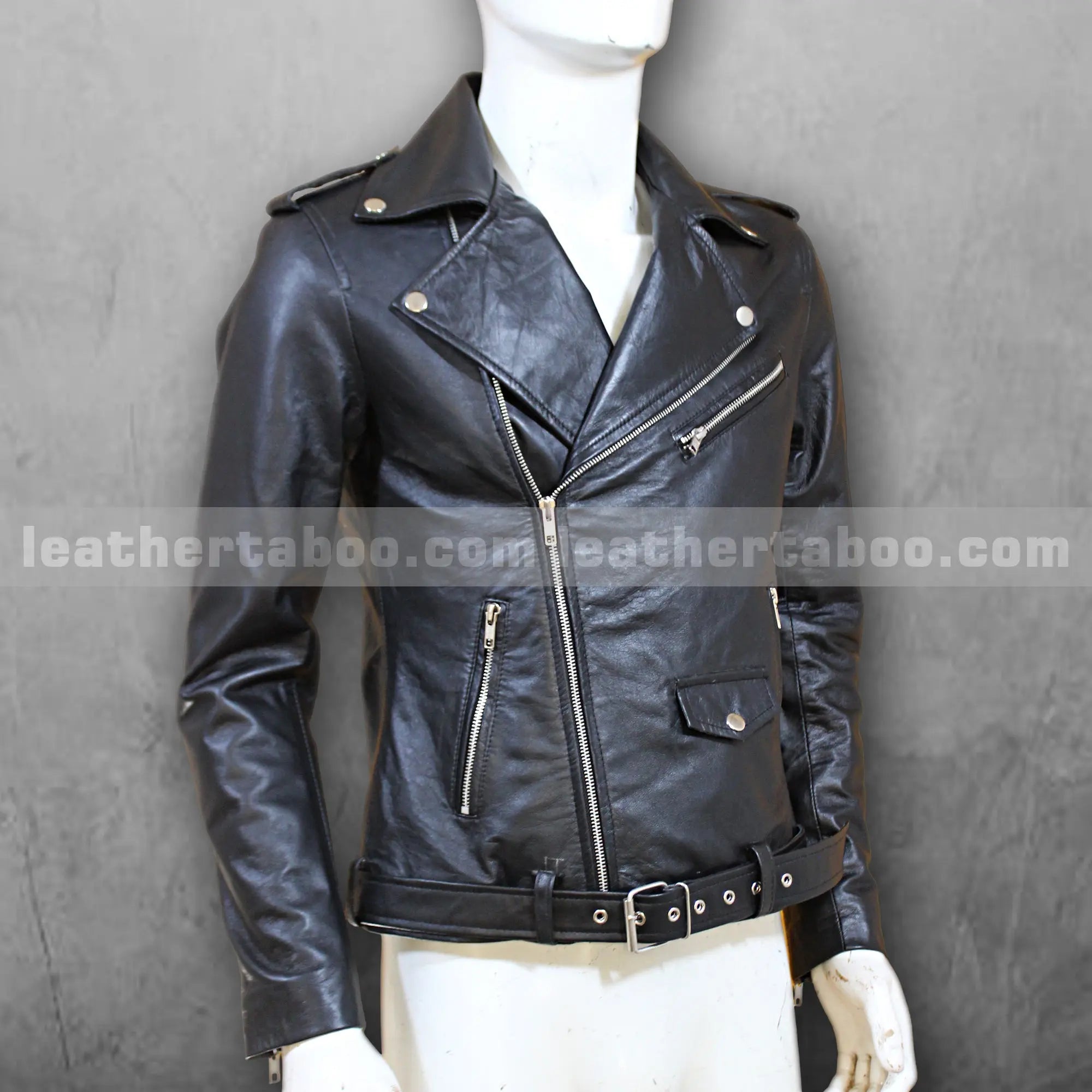 Men’s Black Motorcycle Style Leather Jacket | Premium Sheepskin | Classic Biker Look | Zipper & Belt Detailing - Leather taboo