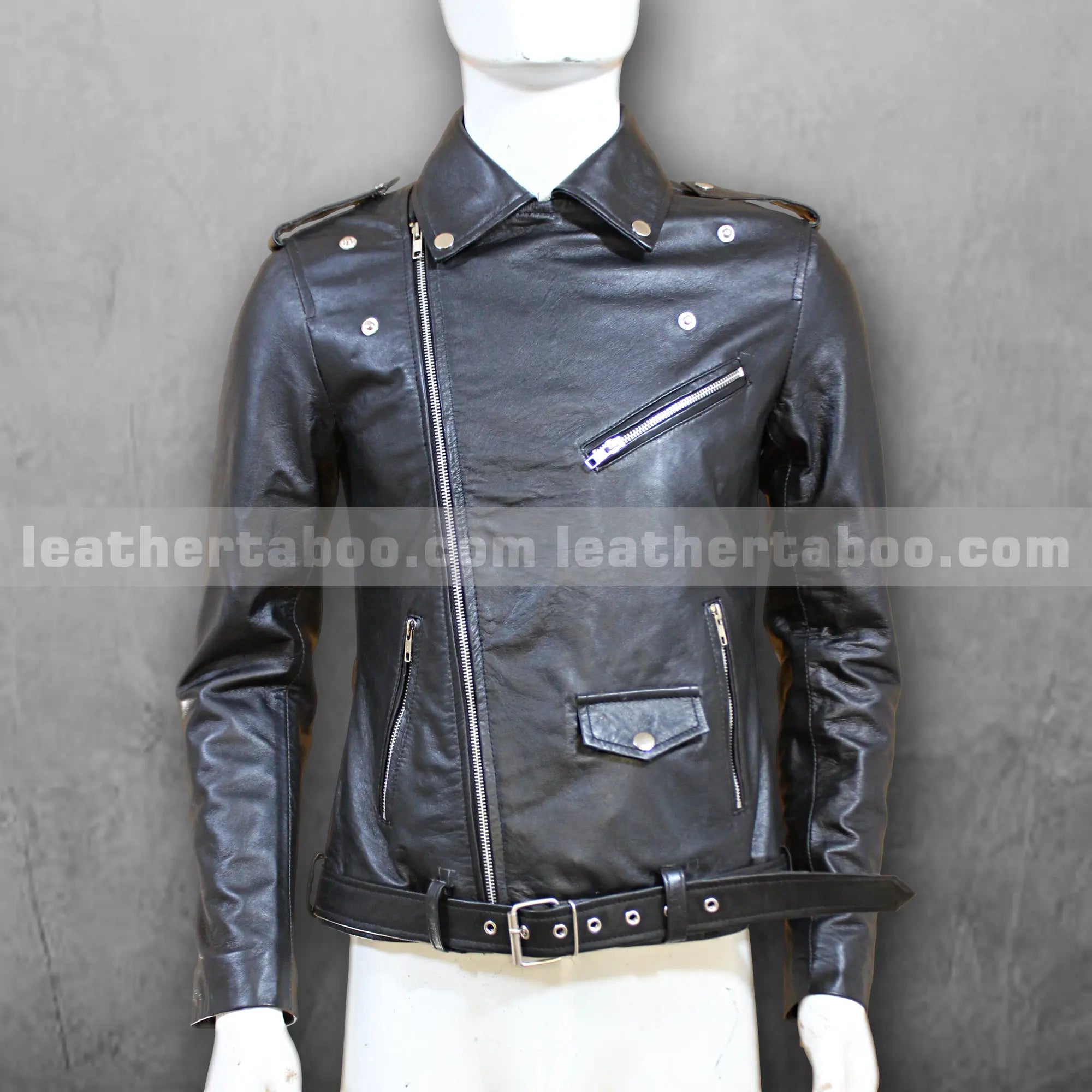 Men’s Black Motorcycle Style Leather Jacket | Premium Sheepskin | Classic Biker Look | Zipper & Belt Detailing - Leather taboo