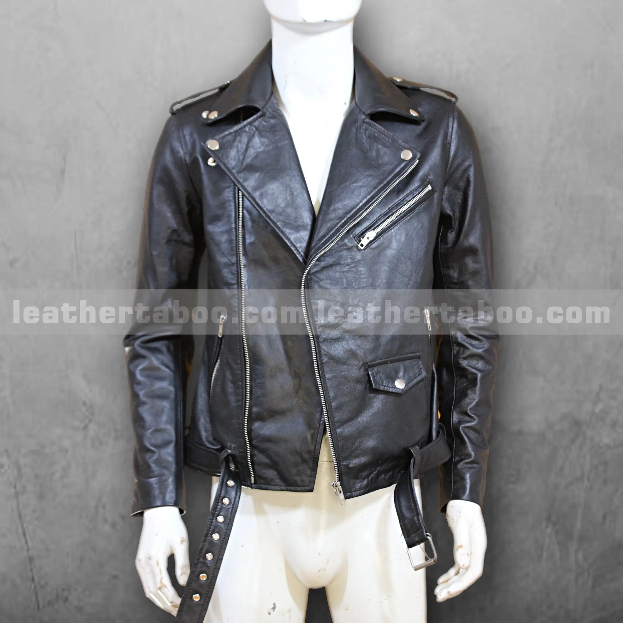 Men’s Black Motorcycle Style Leather Jacket | Premium Sheepskin | Classic Biker Look | Zipper & Belt Detailing - Leather taboo