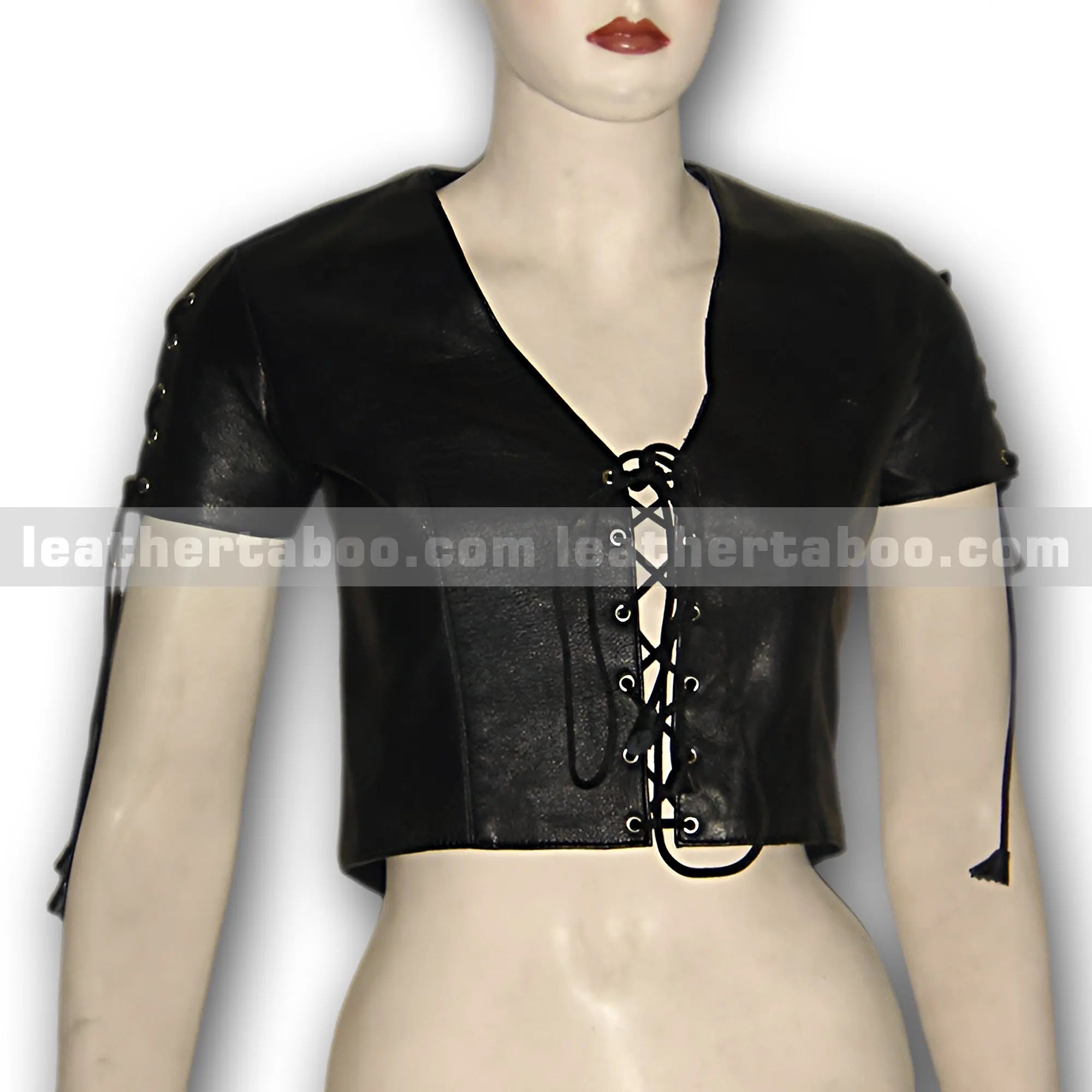 Women's Black Lace-Up Sheepskin Leather Crop Top โ Short Sleeve V-Neck Corset Style - Leather taboo