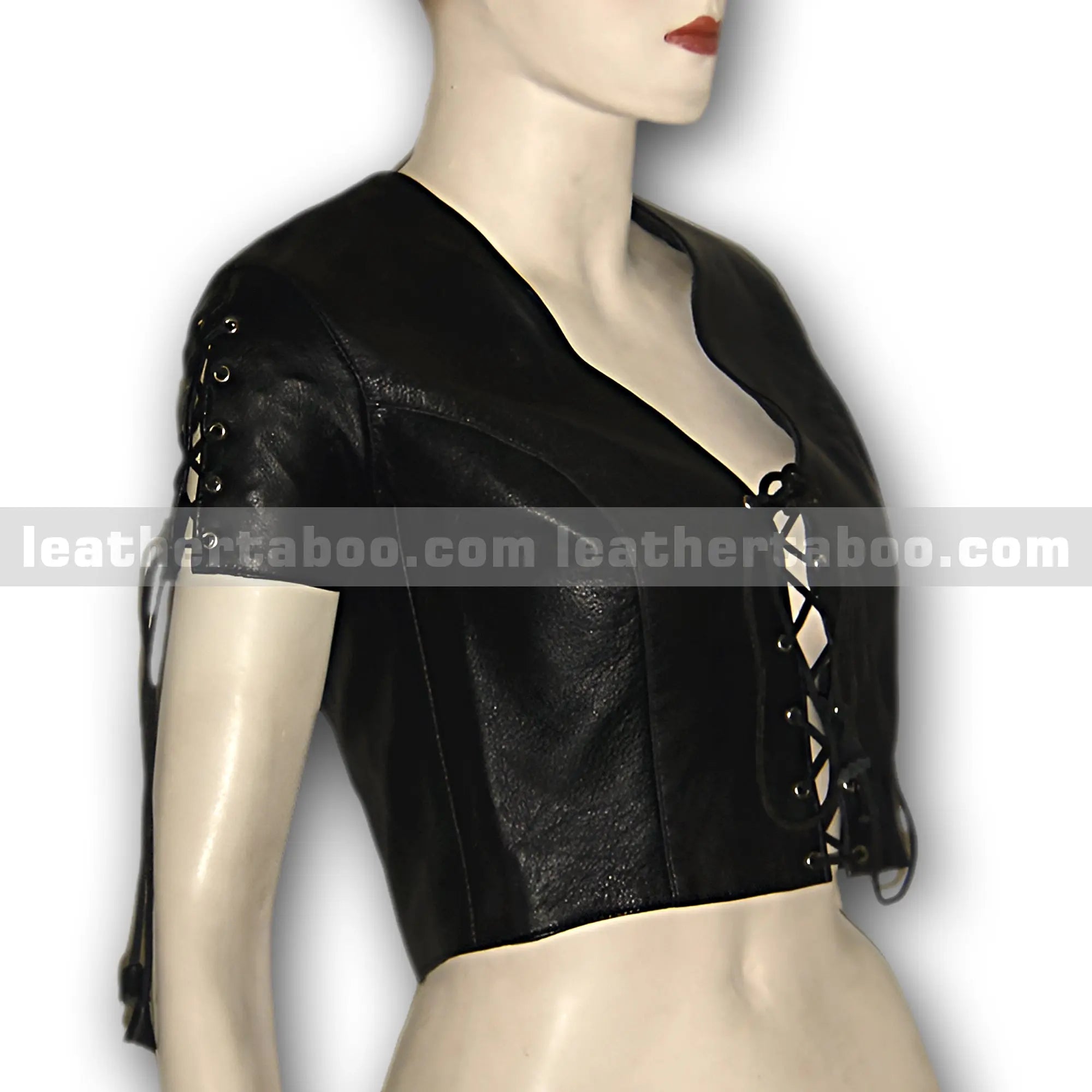 Women's Black Lace-Up Sheepskin Leather Crop Top โ Short Sleeve V-Neck Corset Style - Leather taboo