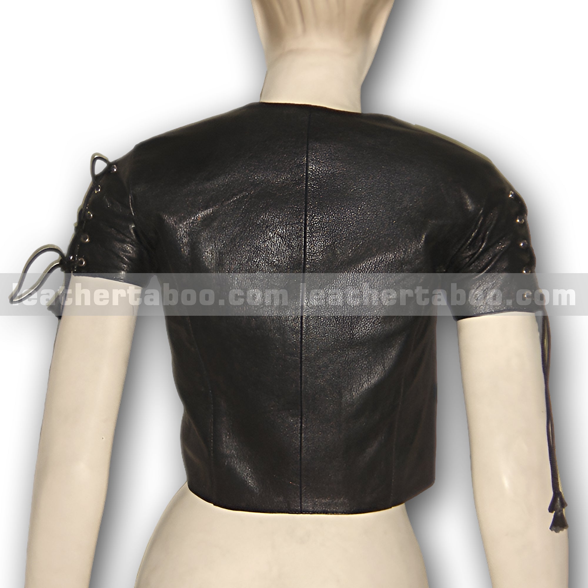 Women's Black Lace-Up Sheepskin Leather Crop Top – Short Sleeve V-Neck Corset Style - Leather taboo