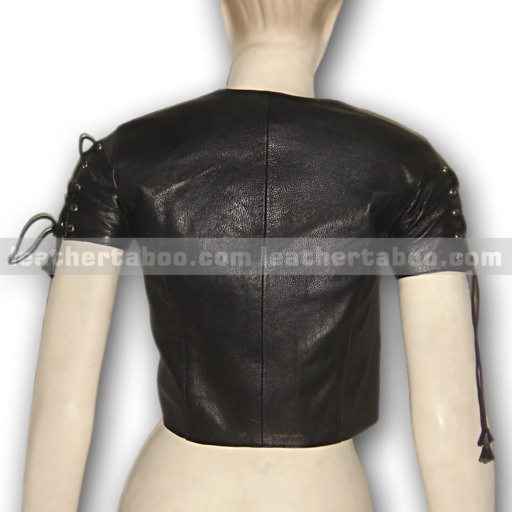 Women's Black Lace-Up Sheepskin Leather Crop Top โ Short Sleeve V-Neck Corset Style - Leather taboo