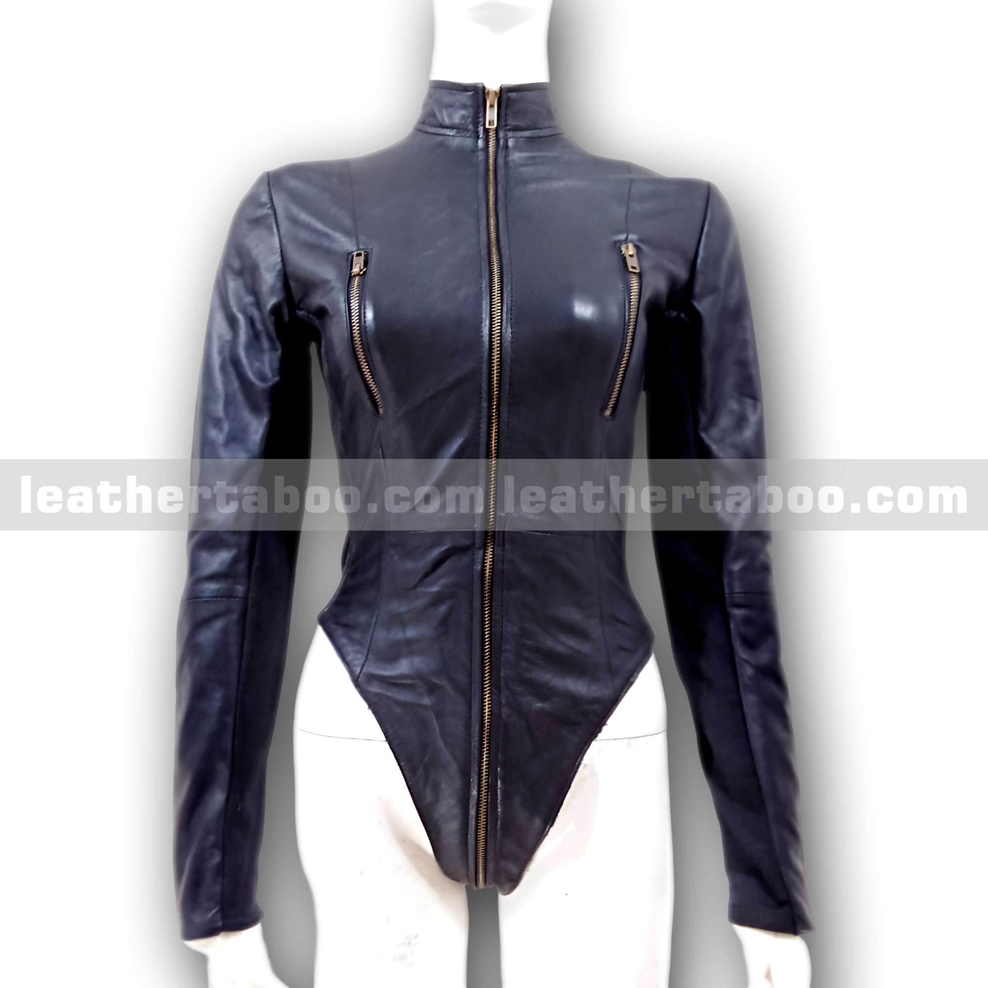 Women's Black Leather Bodysuit Jacket Top – Zipper Front Long Sleeve Fitted Style – Premium Quality Leather Apparel - Leather taboo