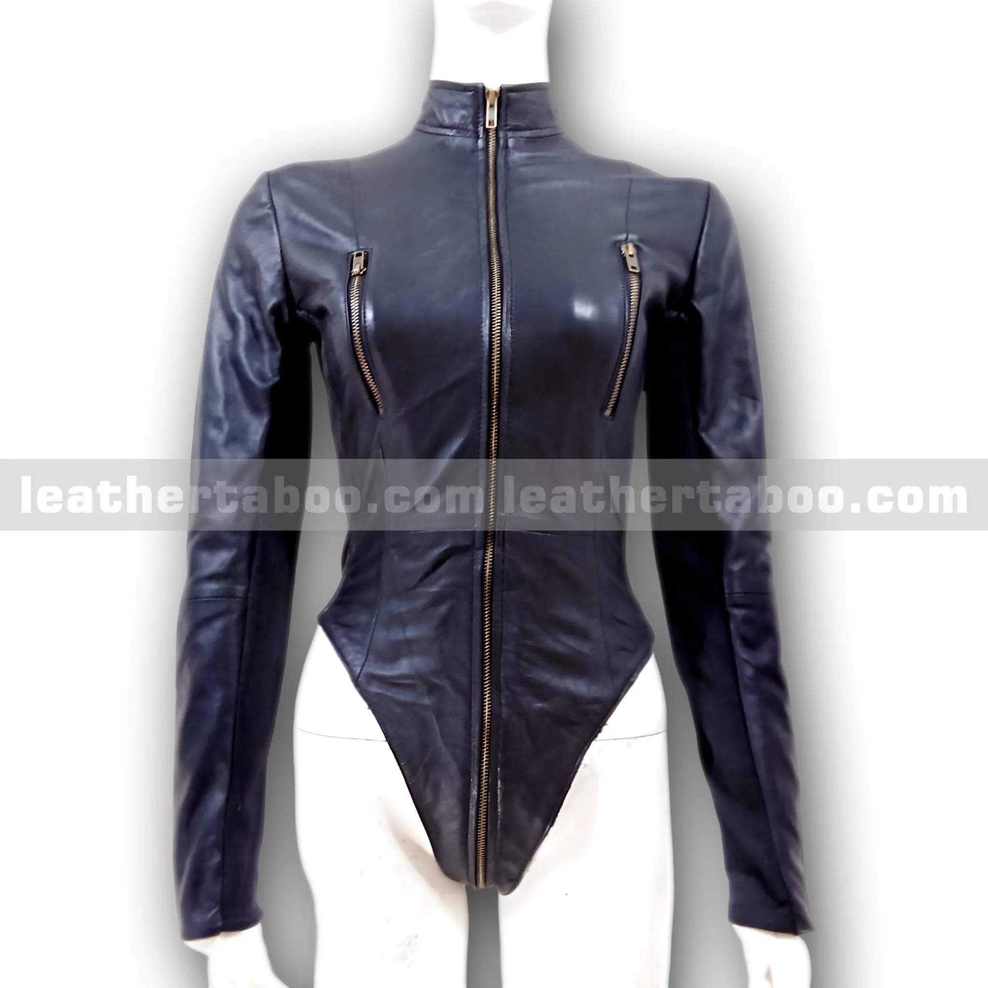 Women's Black Leather Bodysuit Jacket Top – Zipper Front Long Sleeve Fitted Style – Premium Quality Leather Apparel - Leather taboo