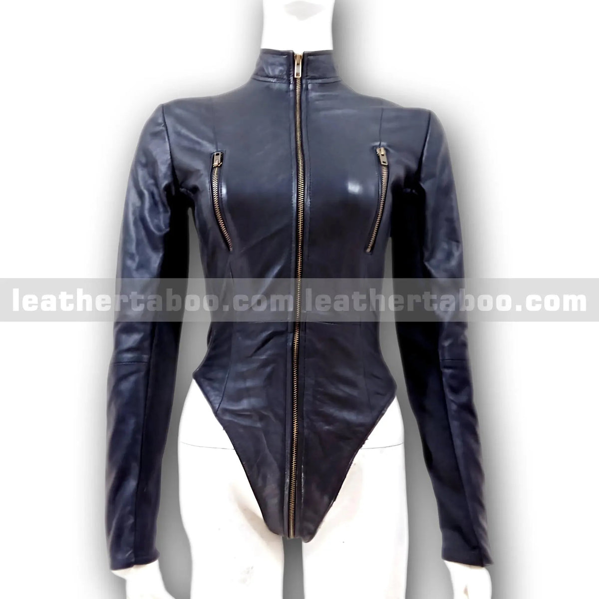 Women's Black Leather Bodysuit Jacket Top – Zipper Front Long Sleeve Fitted Style – Premium Quality Leather Apparel - Leather taboo