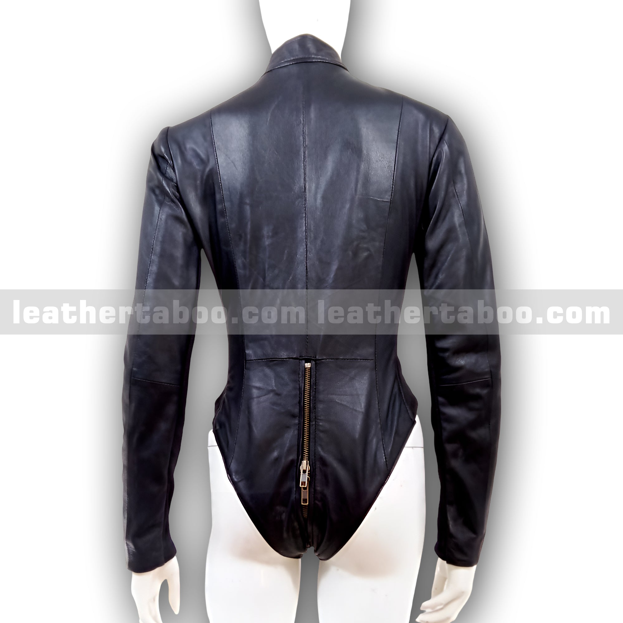 Women's Black Leather Bodysuit Jacket Top – Zipper Front Long Sleeve Fitted Style – Premium Quality Leather Apparel - Leather taboo