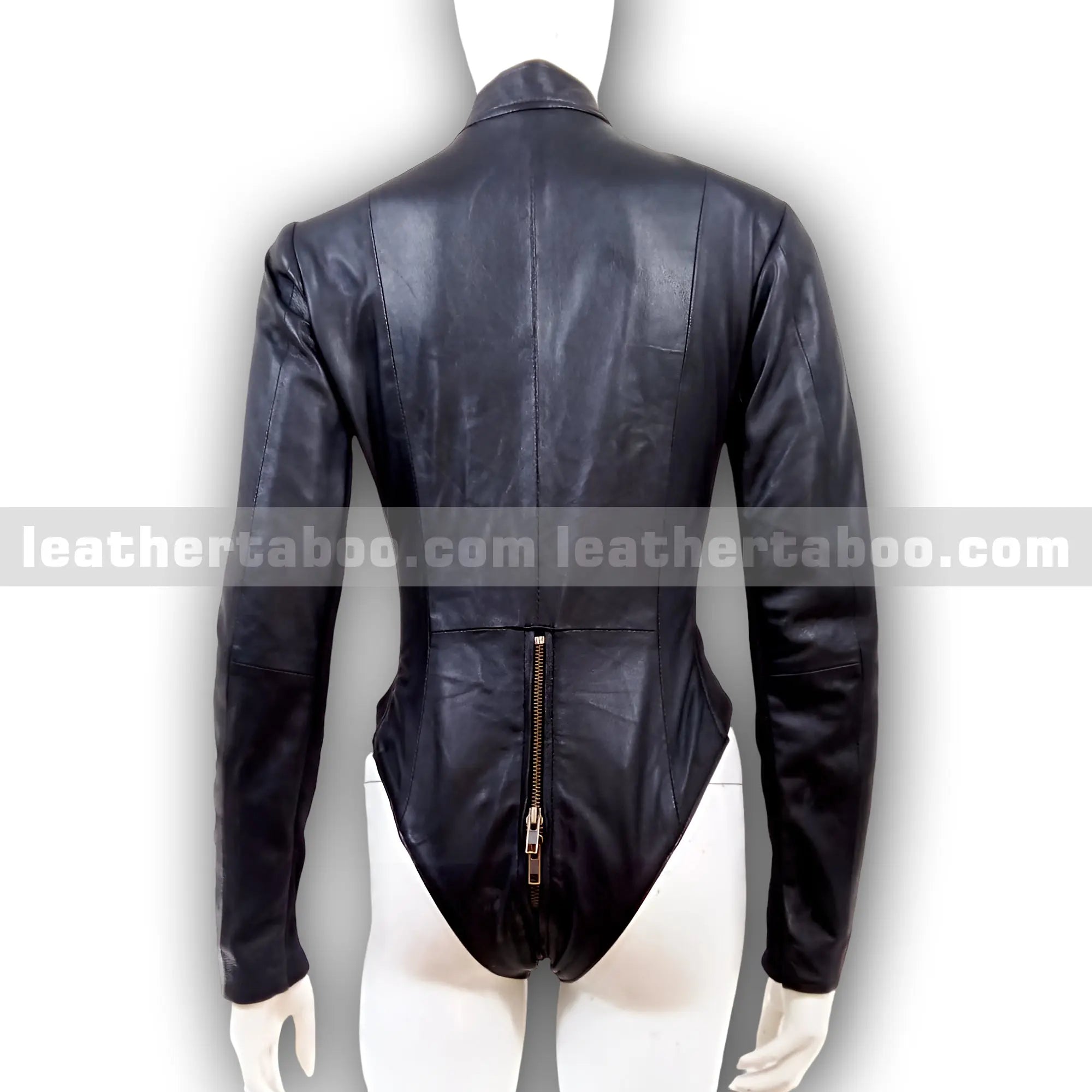 Women's Black Leather Bodysuit Jacket Top – Zipper Front Long Sleeve Fitted Style – Premium Quality Leather Apparel - Leather taboo