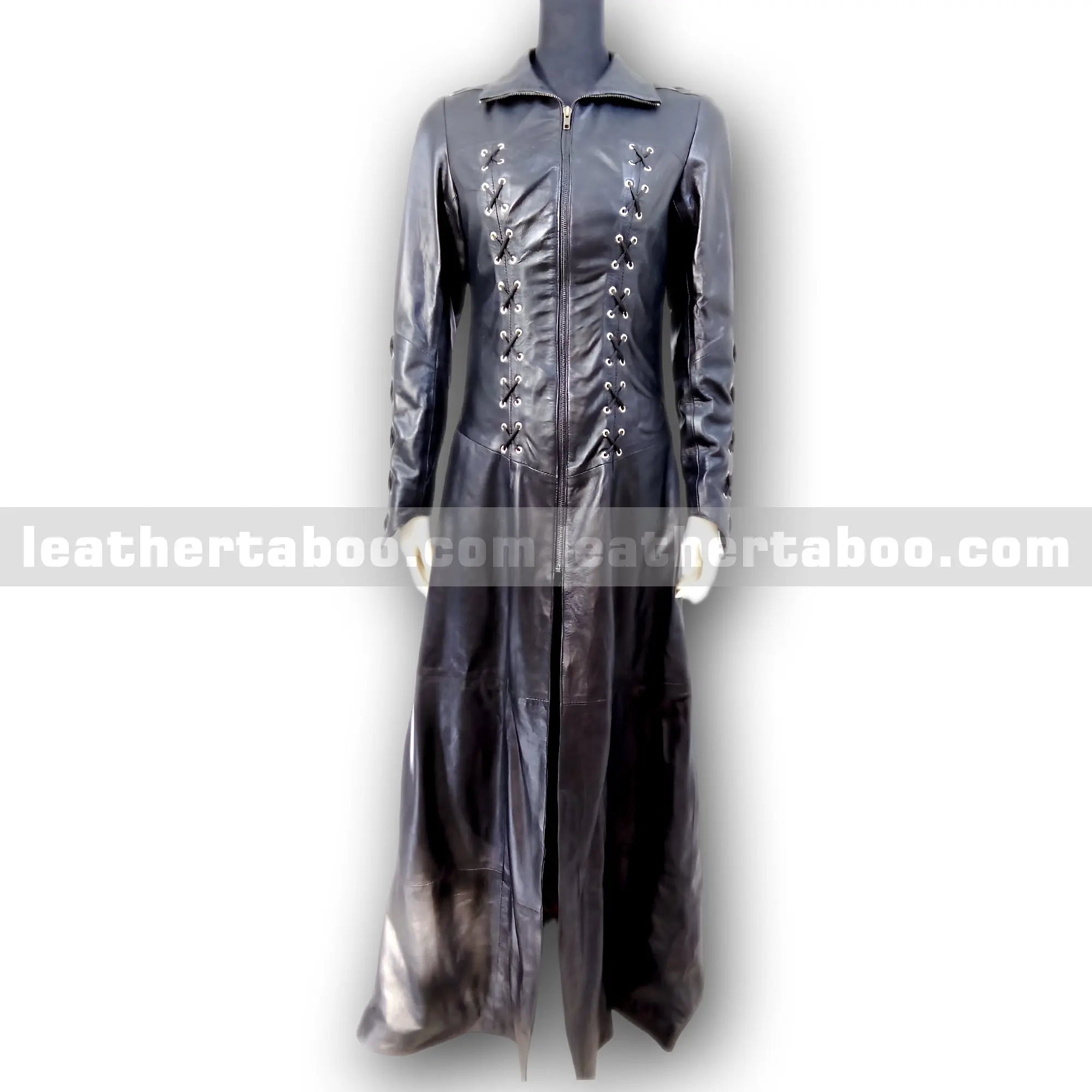 Women's Long Black Leather Trench Coat – Premium Sheepskin, Front Zip, Lace-Up Detail, Full Length Jacket for Stylish Outerwear - Leather taboo