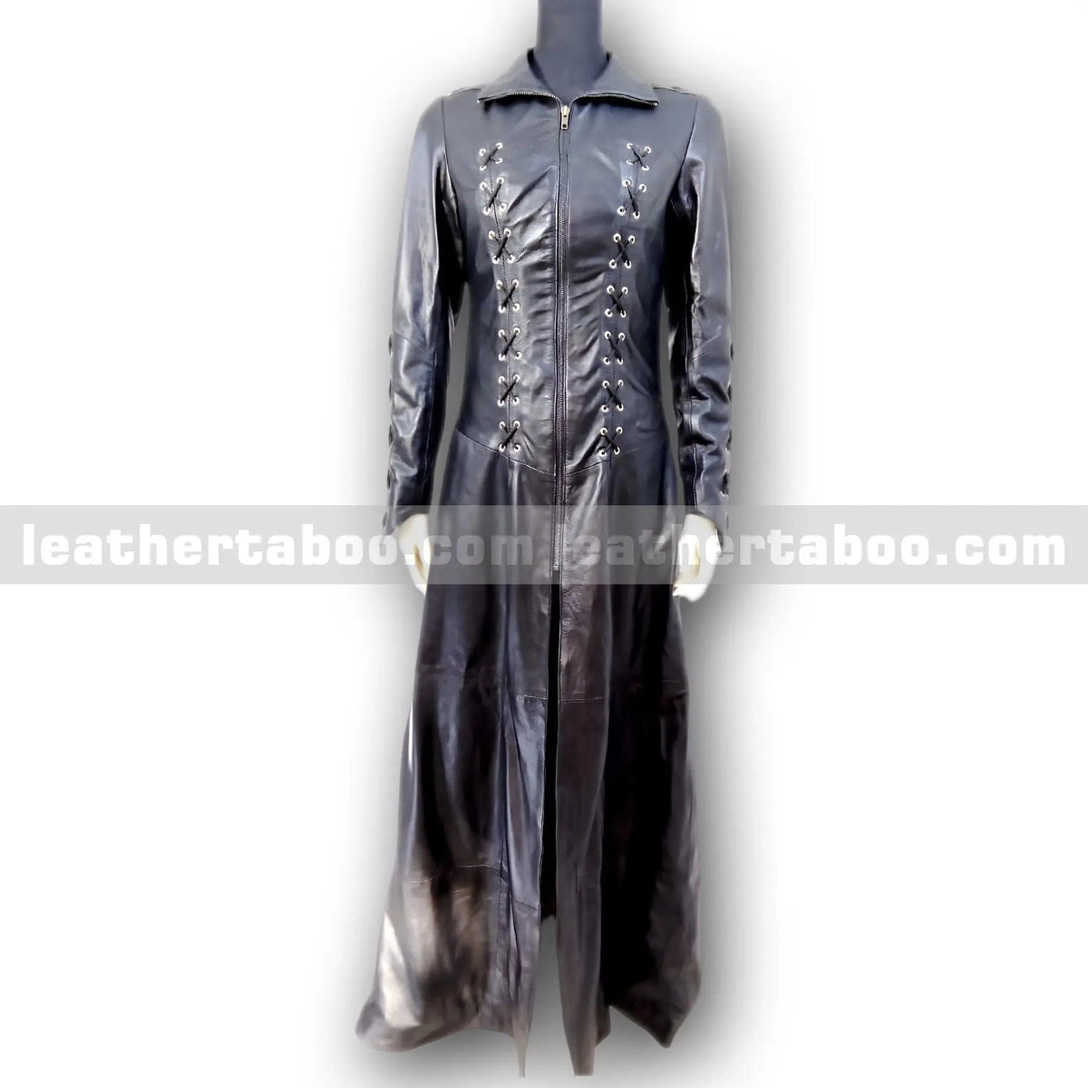 Women's Long Black Leather Trench Coat – Premium Sheepskin, Front Zip, Lace-Up Detail, Full Length Jacket for Stylish Outerwear - Leather taboo