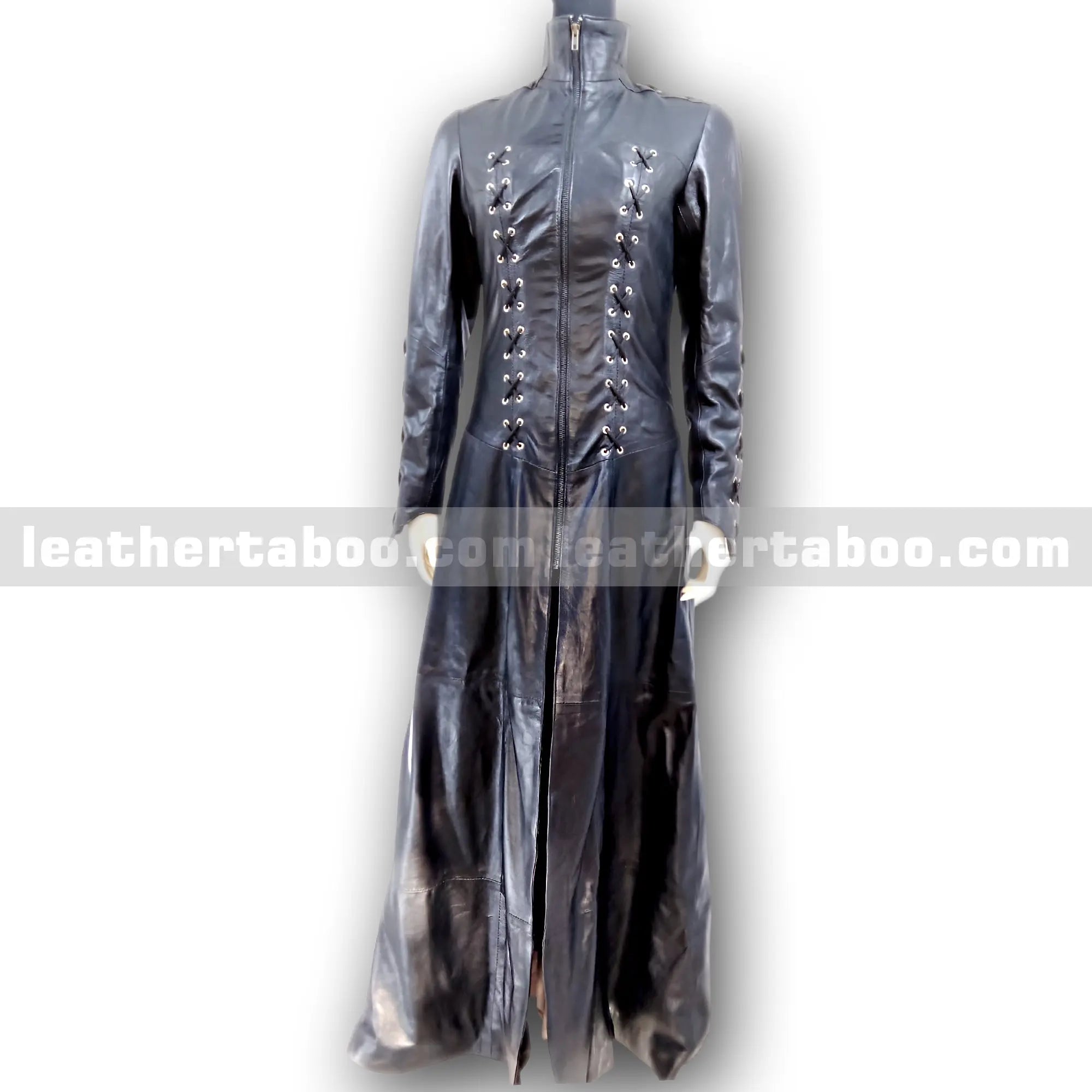 Women's Long Black Leather Trench Coat – Premium Sheepskin, Front Zip, Lace-Up Detail, Full Length Jacket for Stylish Outerwear - Leather taboo