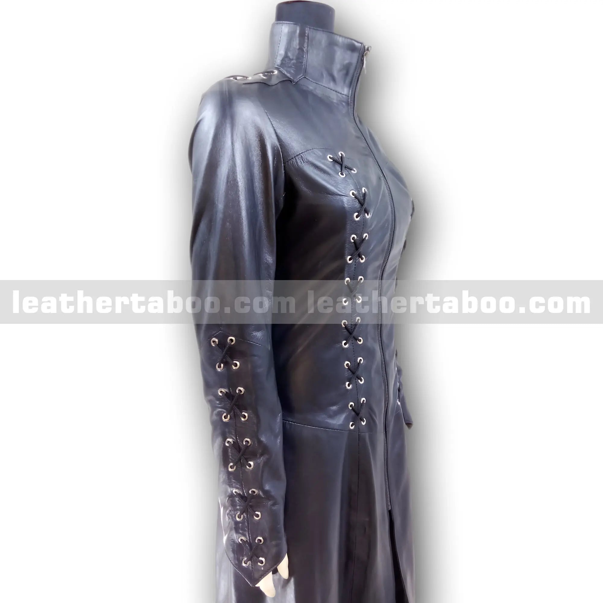 Women's Long Black Leather Trench Coat – Premium Sheepskin, Front Zip, Lace-Up Detail, Full Length Jacket for Stylish Outerwear - Leather taboo