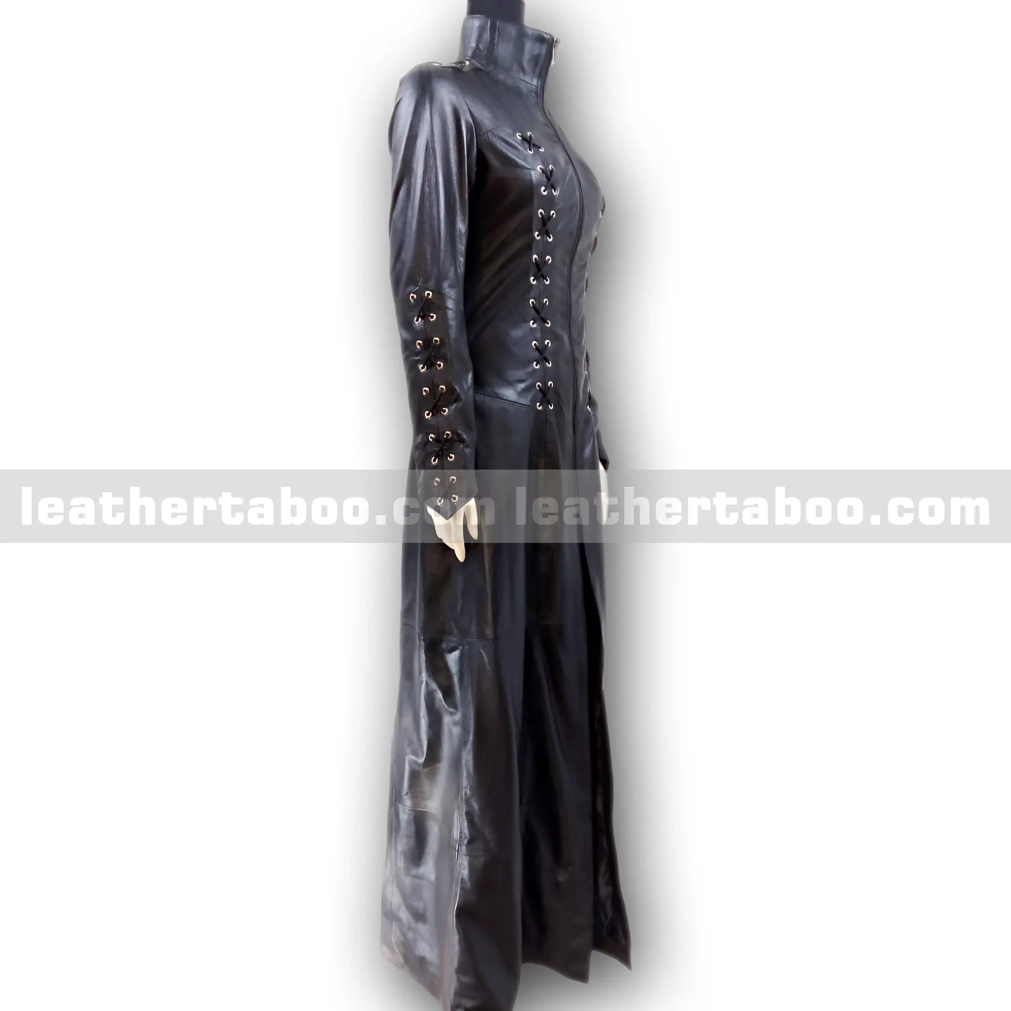Women's Long Black Leather Trench Coat – Premium Sheepskin, Front Zip, Lace-Up Detail, Full Length Jacket for Stylish Outerwear - Leather taboo
