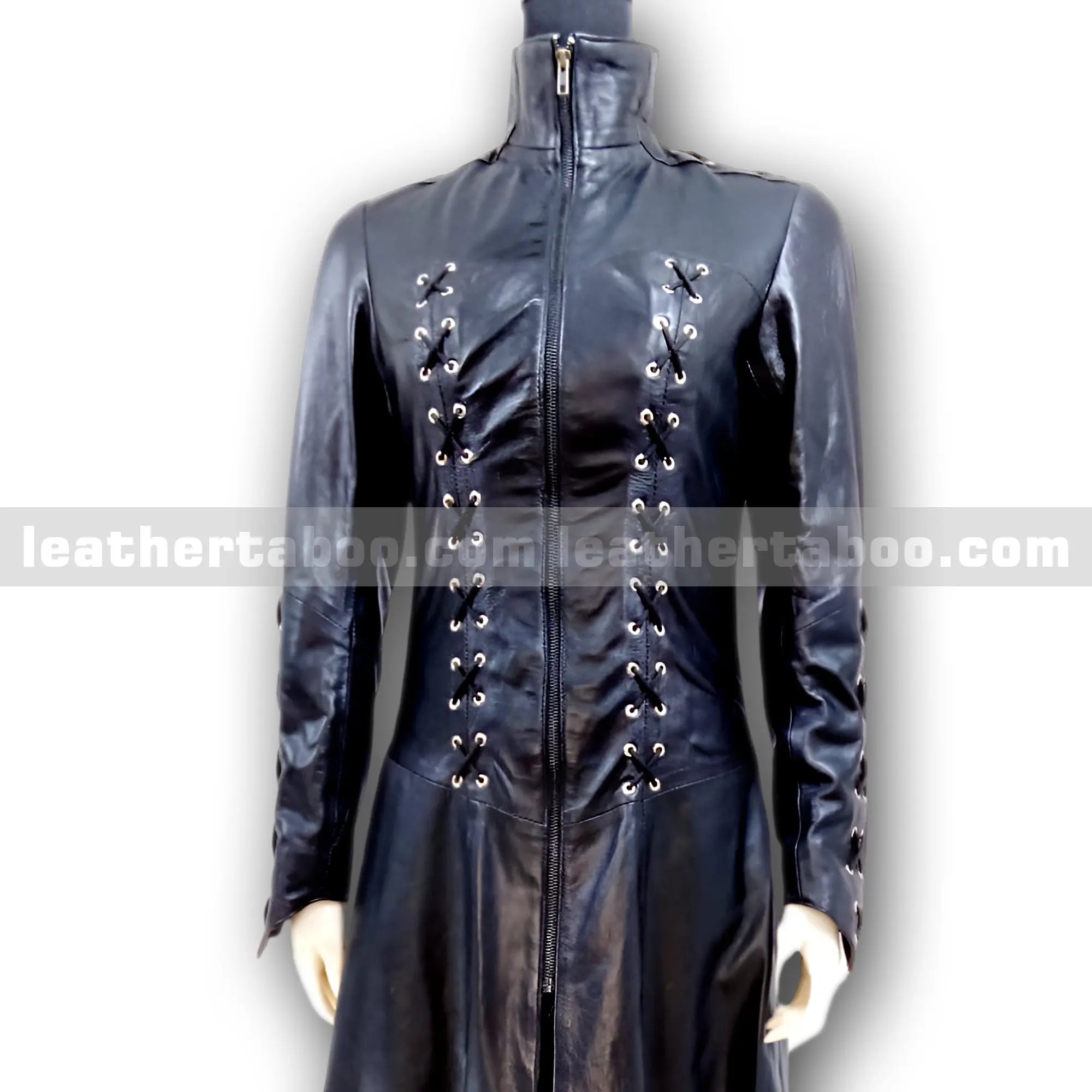 Women's Long Black Leather Trench Coat – Premium Sheepskin, Front Zip, Lace-Up Detail, Full Length Jacket for Stylish Outerwear - Leather taboo