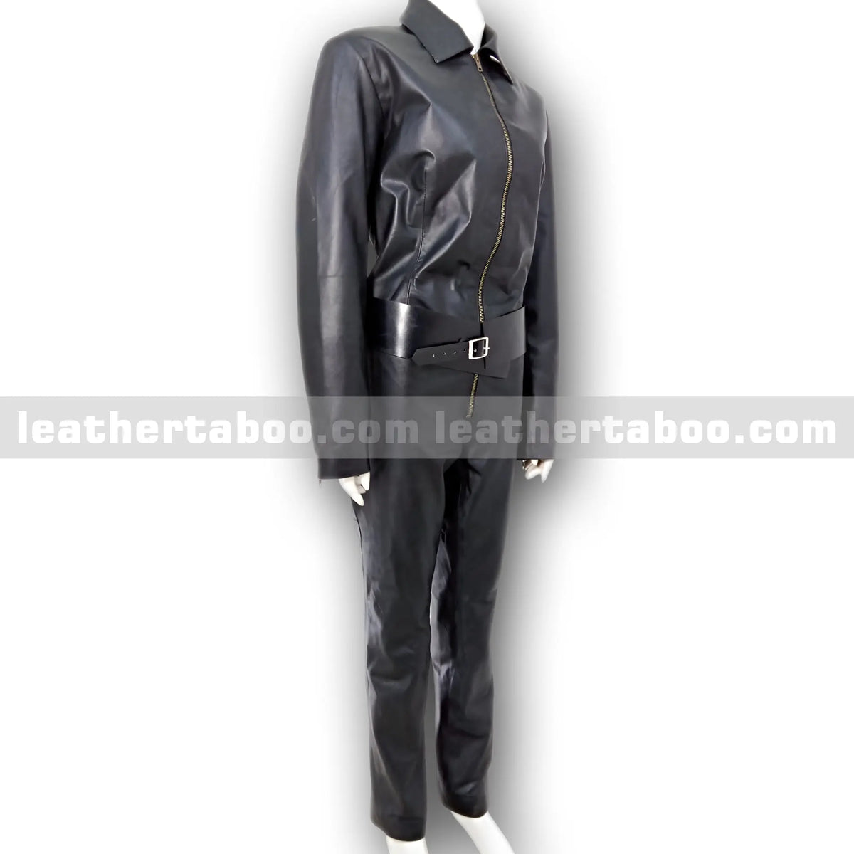 Unisex Black Leather Jumpsuit with Belt – Premium Sheepskin, Zip Front, Long Sleeve, Full Length One-Piece Leather Outfit - Leather taboo