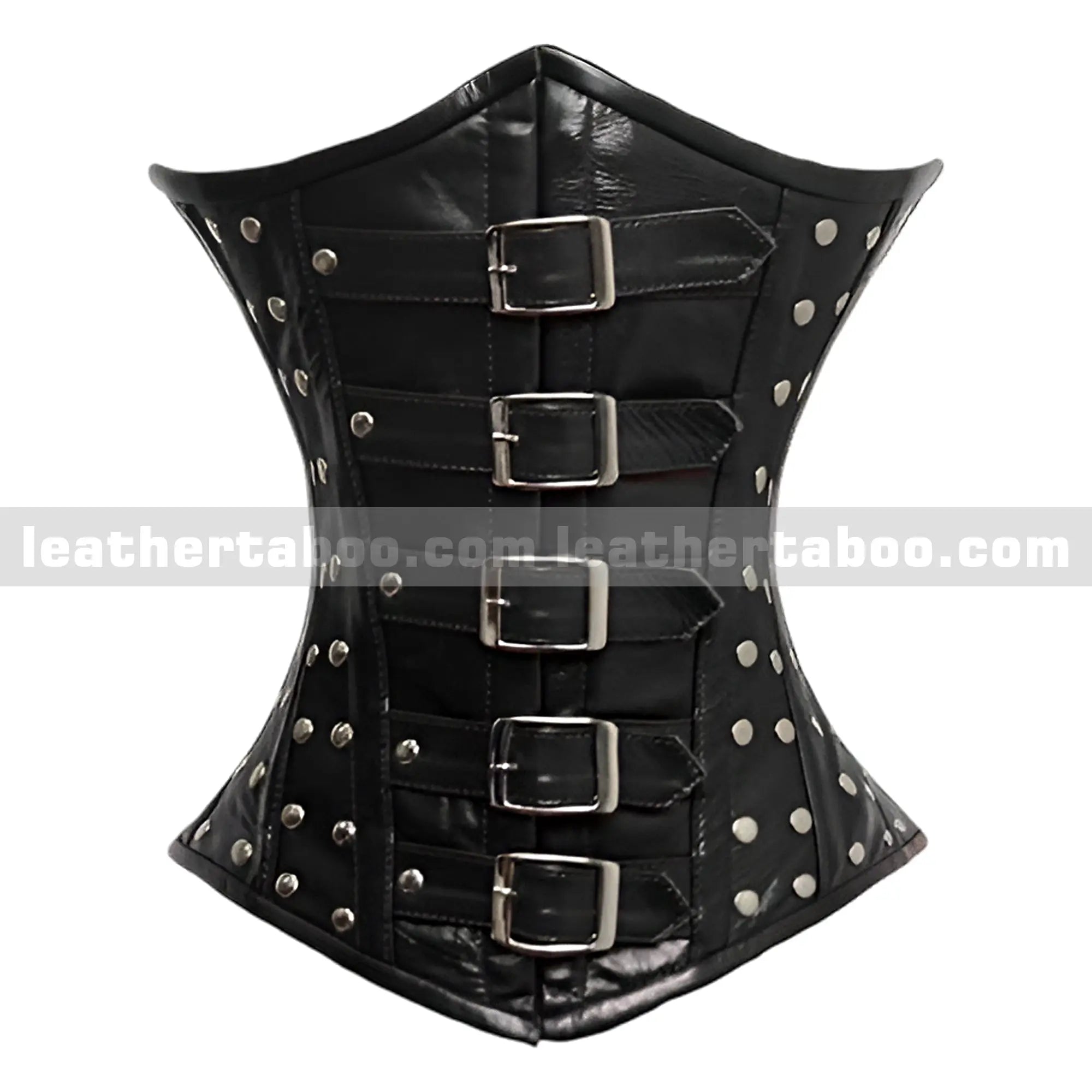 Black Buckle Underbust Sheepskin Leather Corset with Stud Accents for Women - Leather taboo