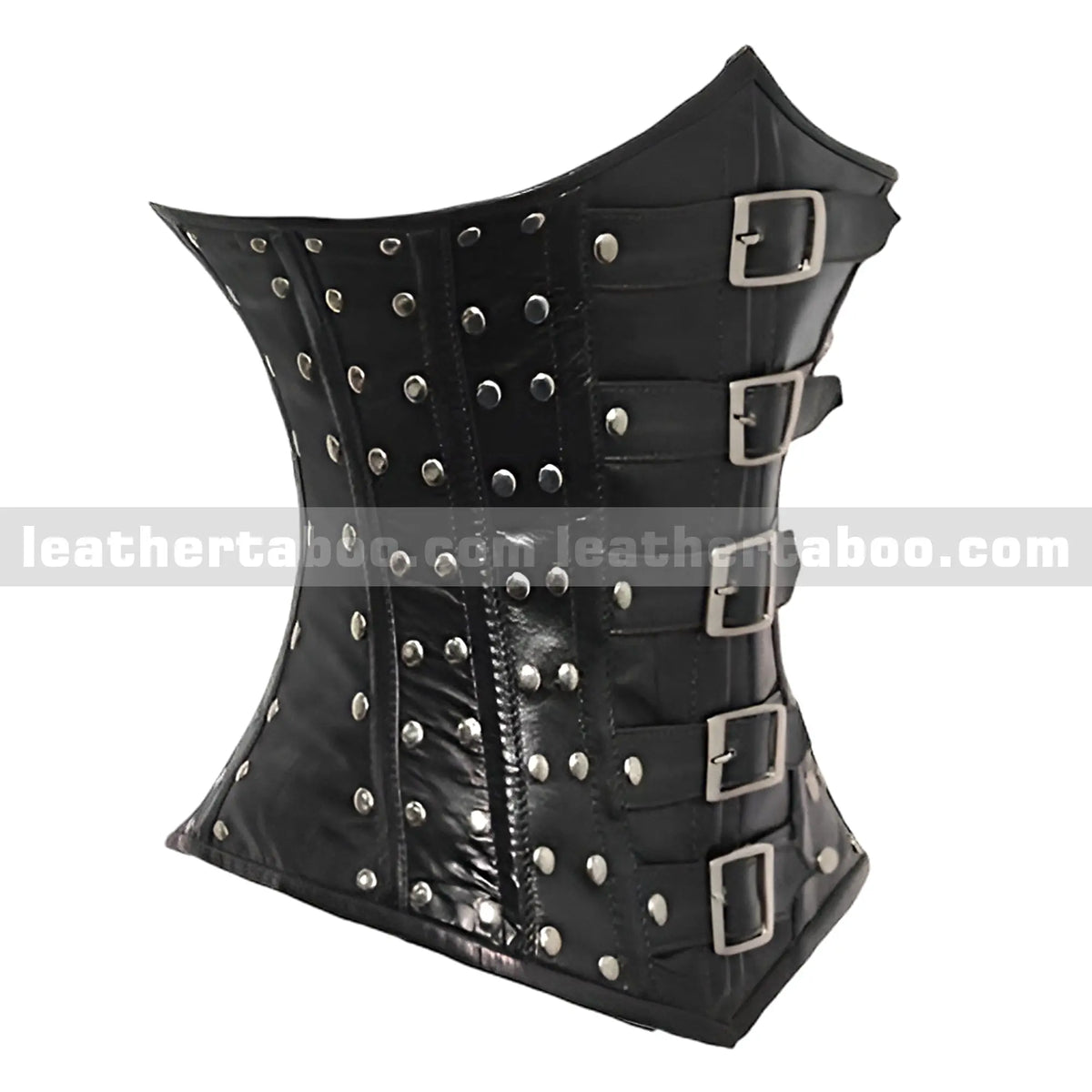 Black Buckle Underbust Sheepskin Leather Corset with Stud Accents for Women - Leather taboo