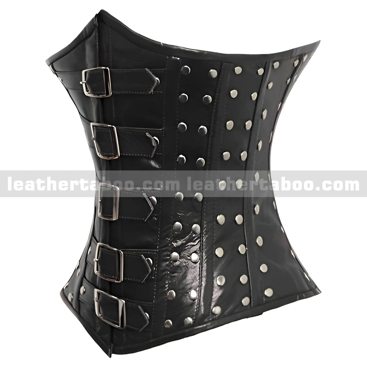 Black Buckle Underbust Sheepskin Leather Corset with Stud Accents for Women - Leather taboo