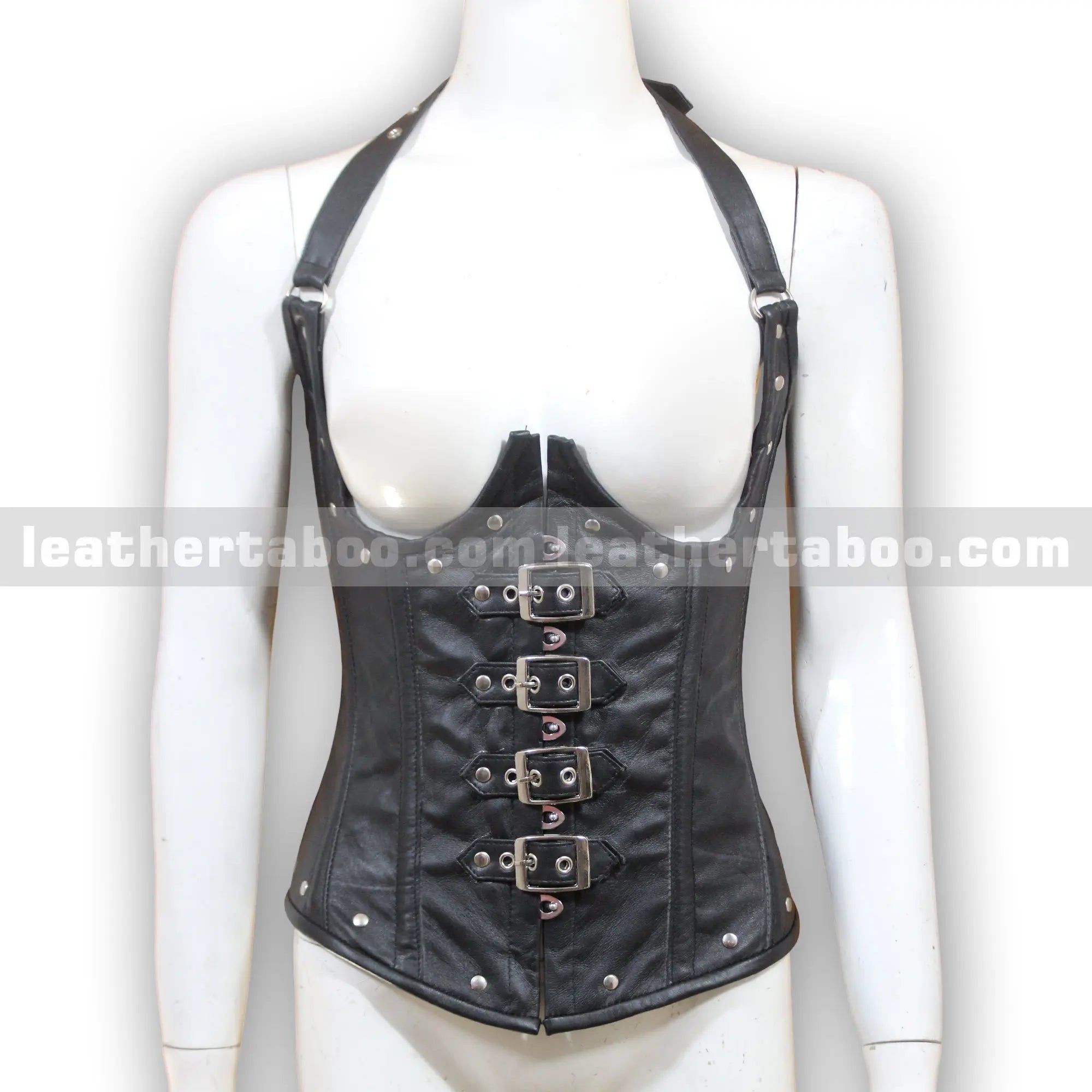 Women's Buckle Strap Corset Top | Open Front Sheepskin Leather Waist Cincher - Leather taboo
