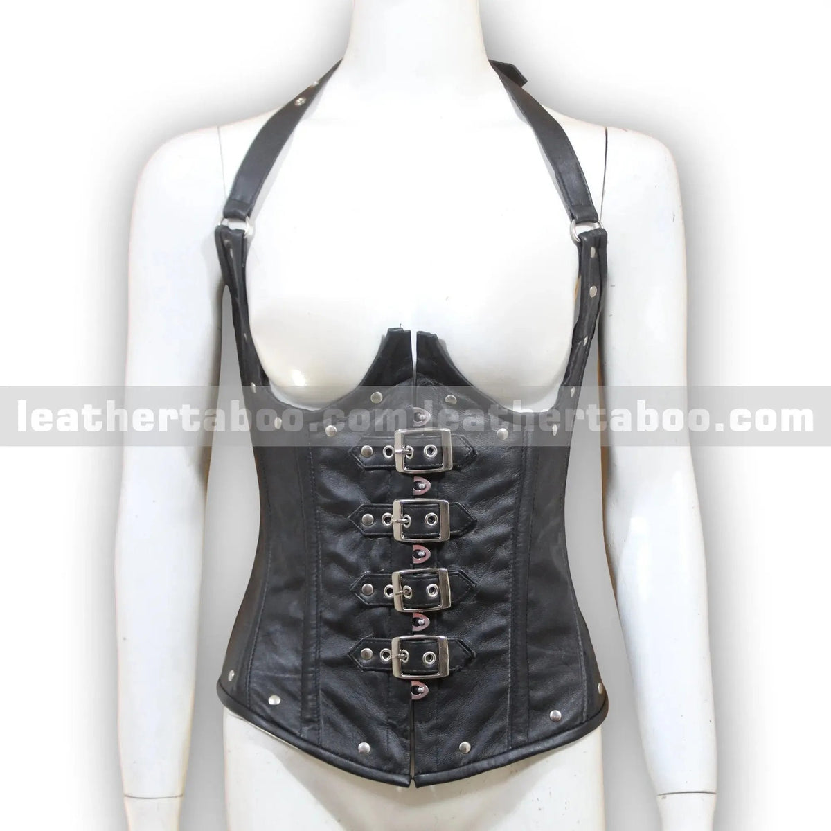 Women's Buckle Strap Corset Top | Open Front Sheepskin Leather Waist Cincher - Leather taboo