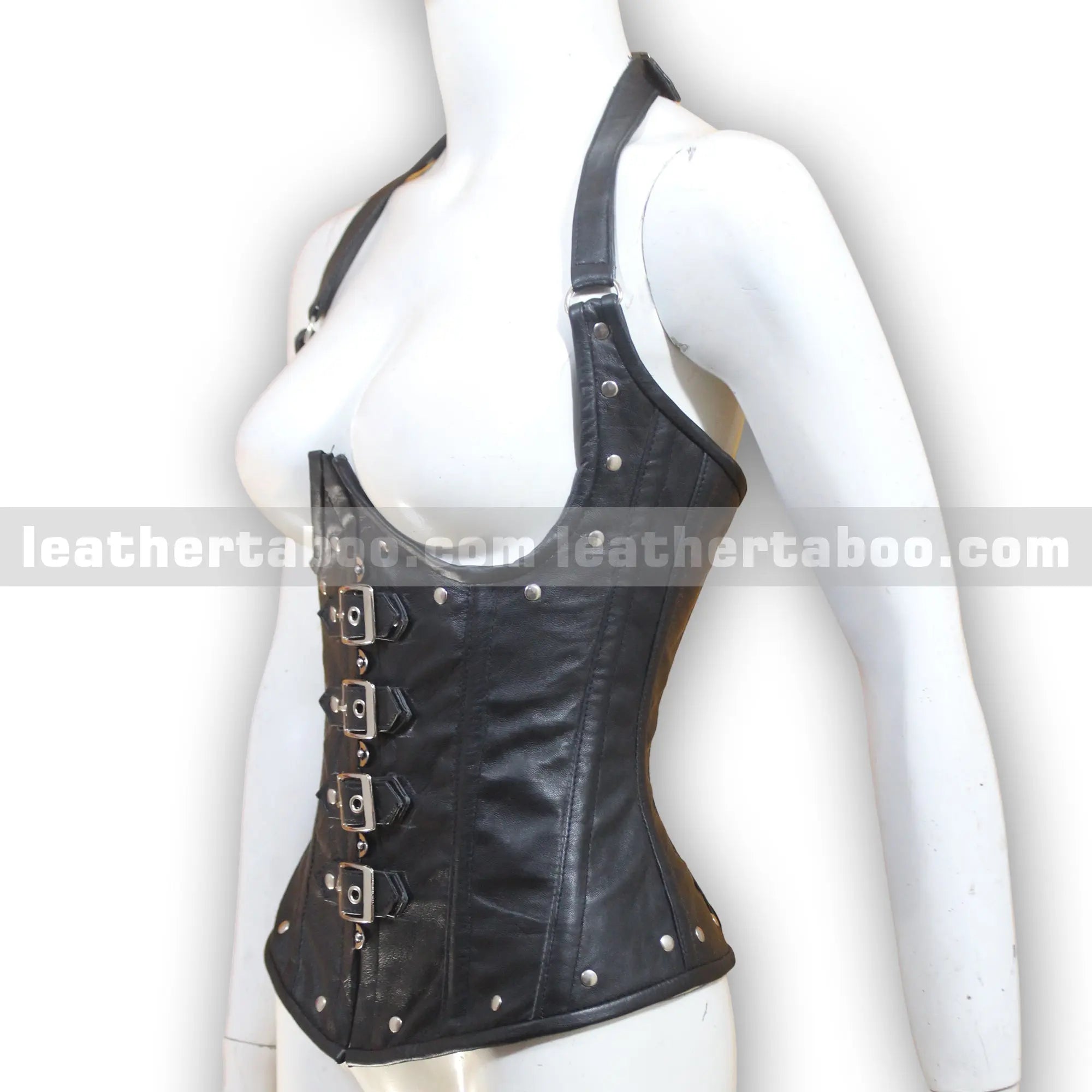 Women's Buckle Strap Corset Top | Open Front Sheepskin Leather Waist Cincher - Leather taboo