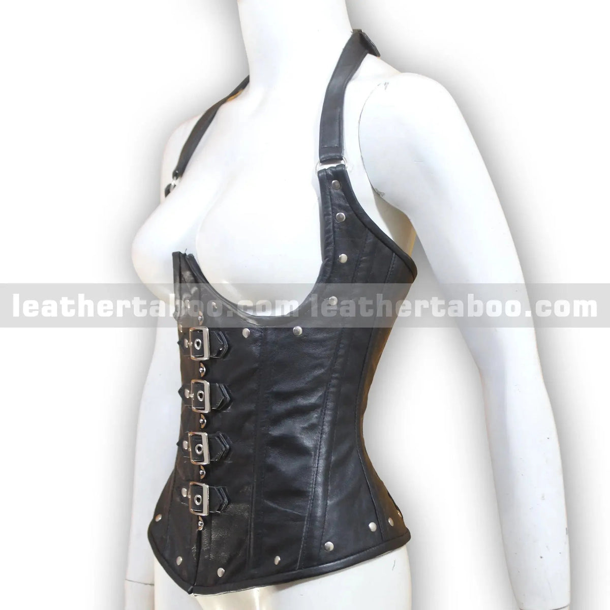 Women's Buckle Strap Corset Top | Open Front Sheepskin Leather Waist Cincher - Leather taboo