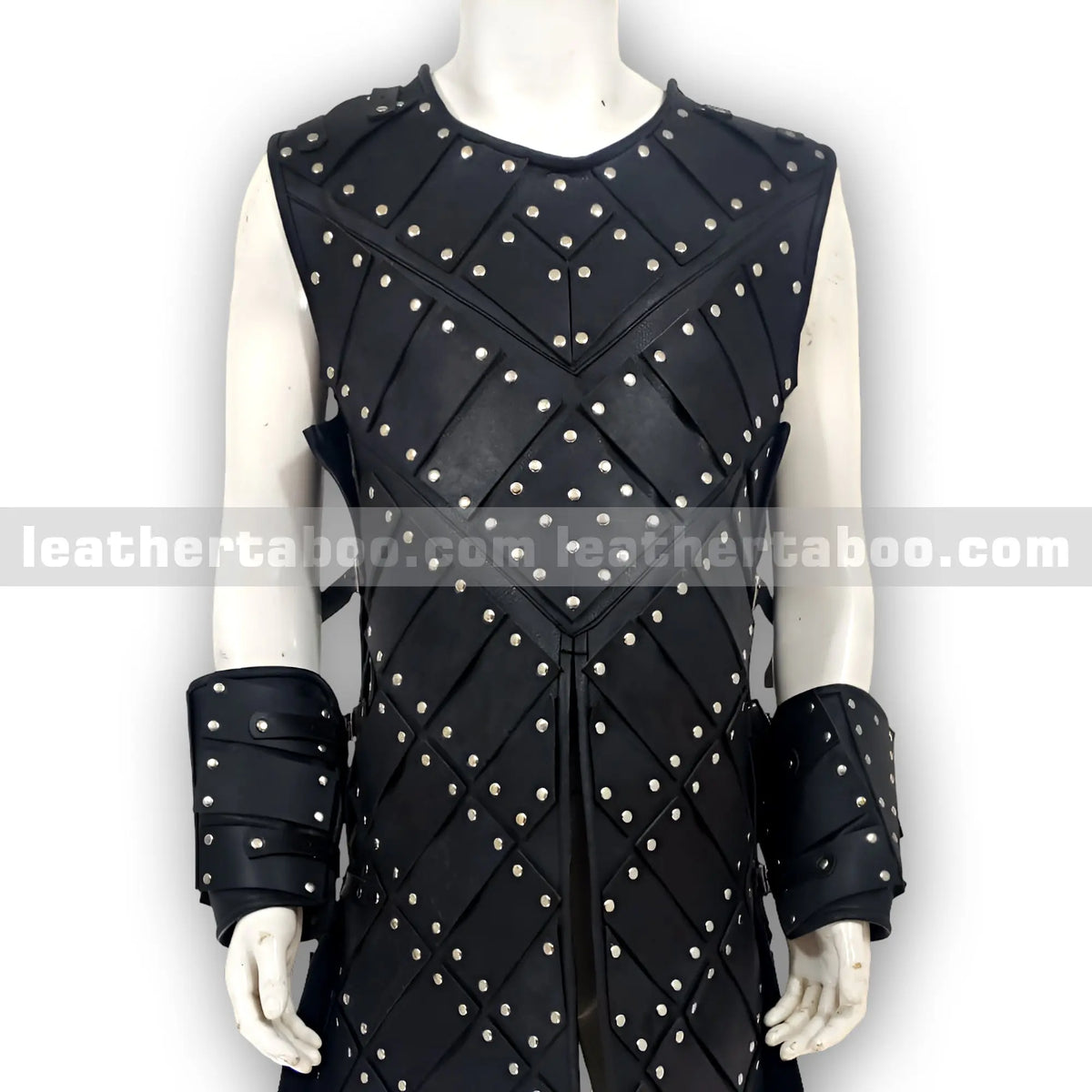 Black Studded Leather Warrior Armor Vest with Arm Bracers – Medieval Style Costume for Men - Leather taboo