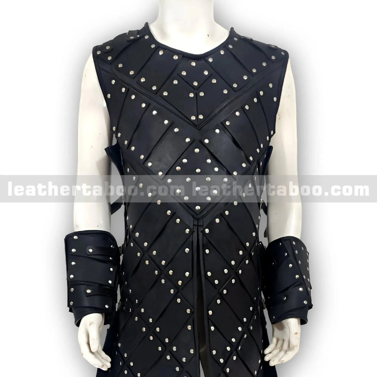 Black Studded Leather Warrior Armor Vest with Arm Bracers – Medieval Style Costume for Men - Leather taboo