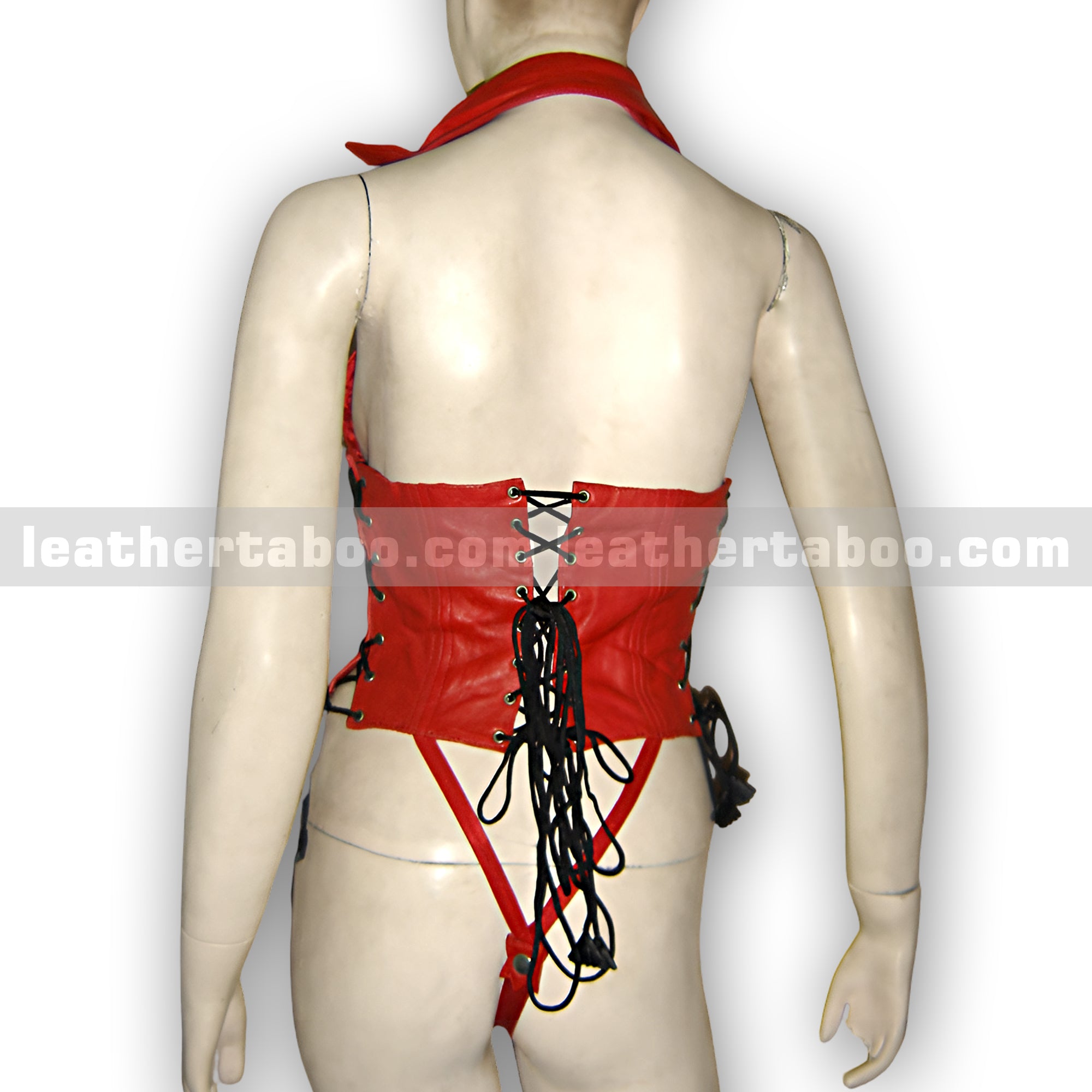 Red Sheepskin Leather Lace-Up Bodysuit for Women – Halter Neck Design - Leather taboo