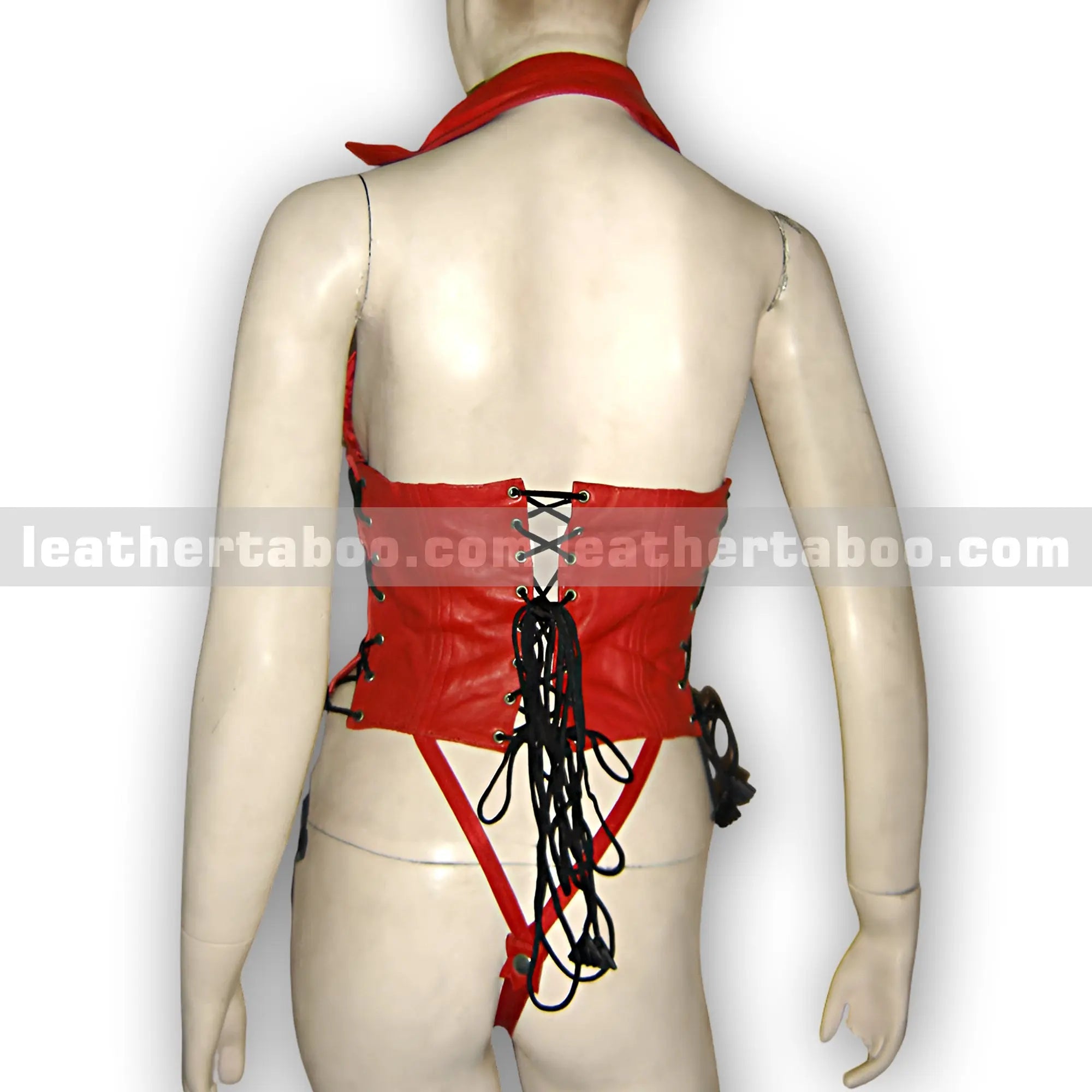 Red Sheepskin Leather Lace-Up Bodysuit for Women – Halter Neck Design - Leather taboo