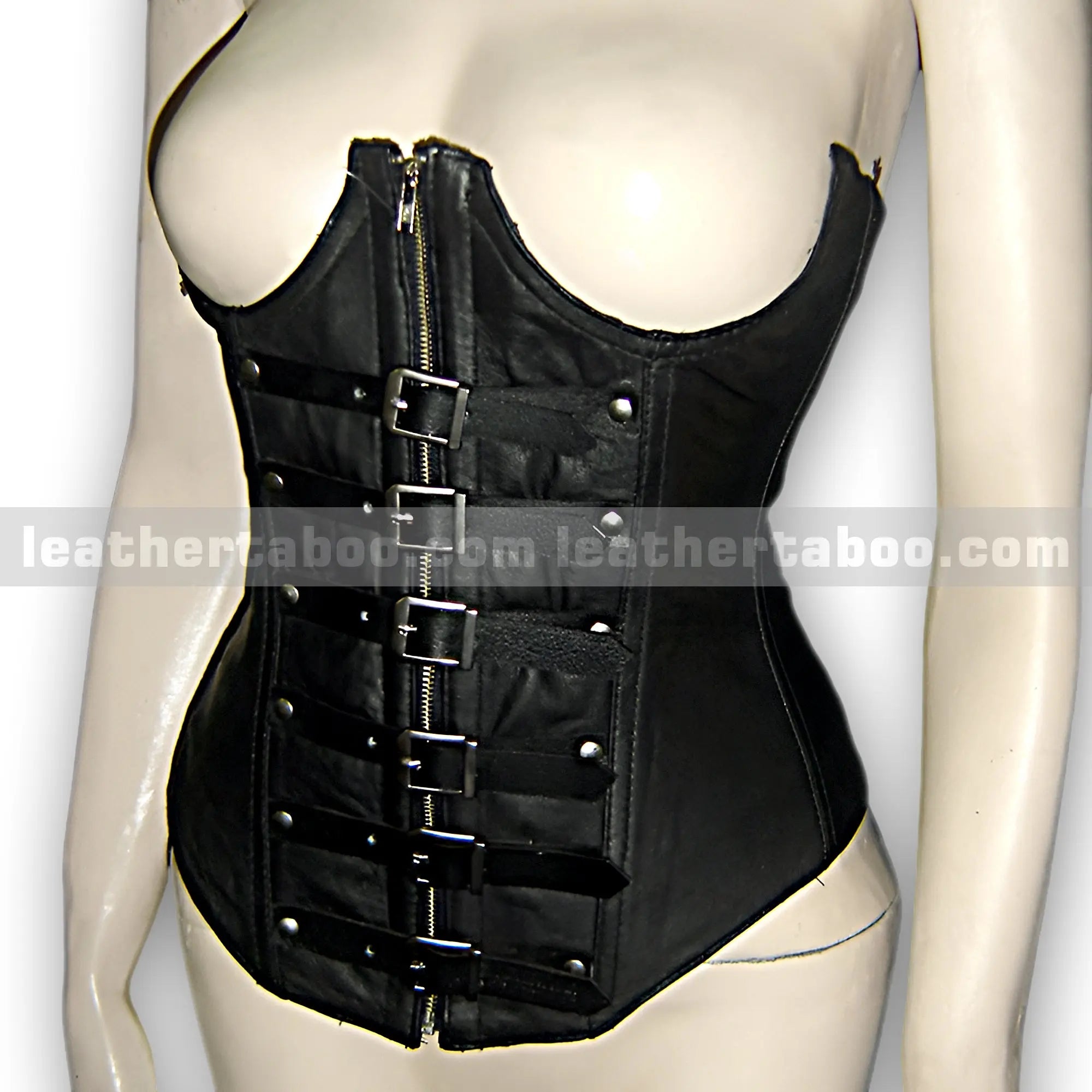 Black Sheepskin Leather Corset Bodysuit with Buckle and Zip Detail โ Structured Fit for Women - Leather taboo