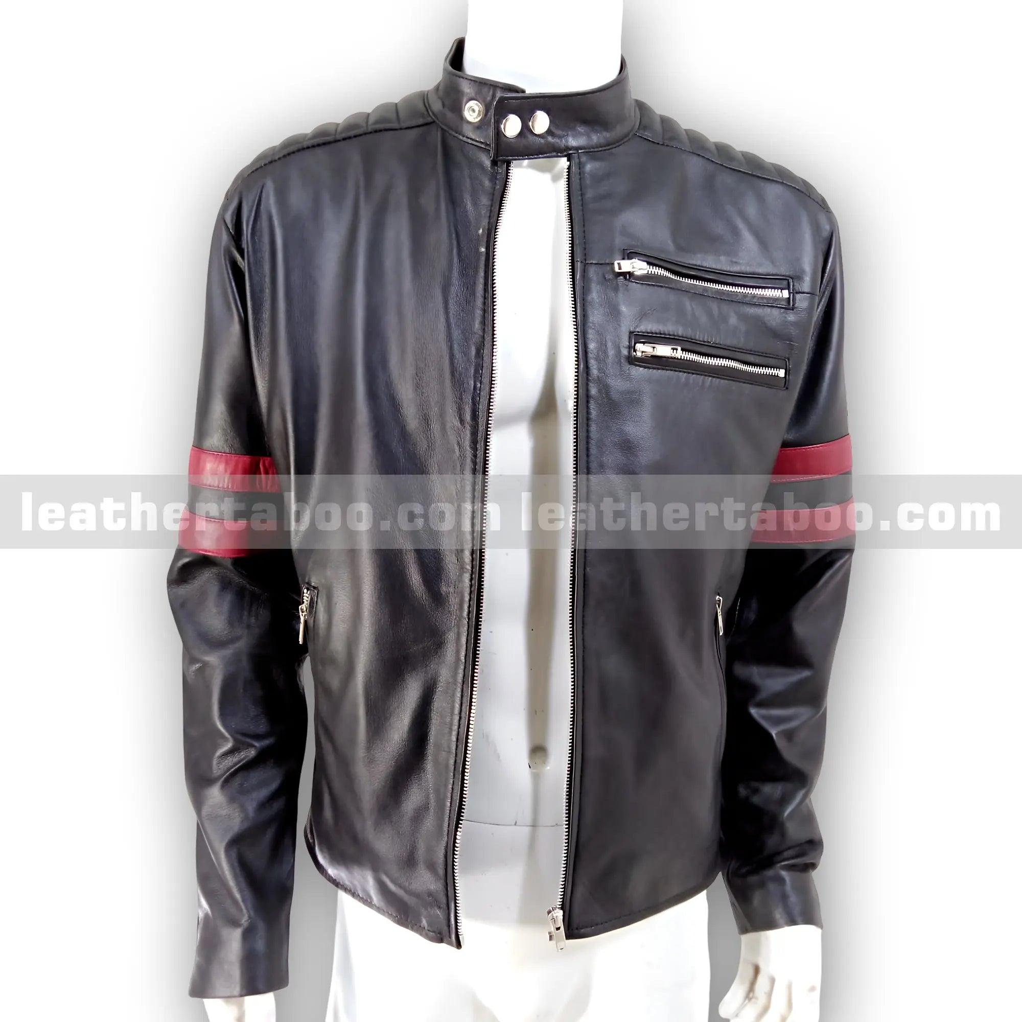 Men's Black Sheepskin Leather Jacket with Red Arm Stripes & Zipper Accents - Leather taboo