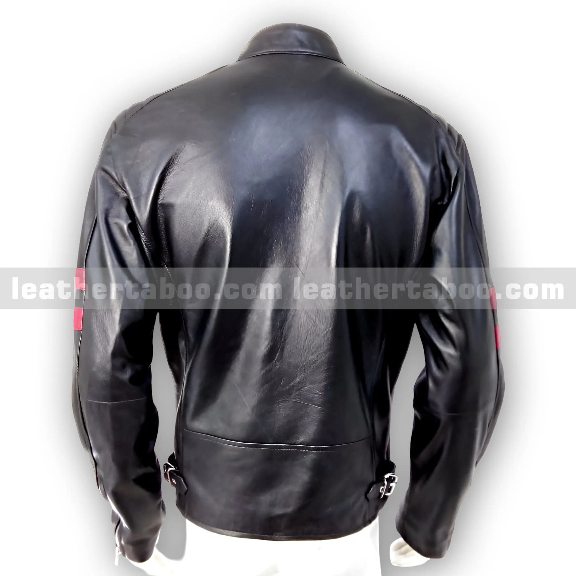 Men's Black Sheepskin Leather Jacket with Red Arm Stripes & Zipper Accents - Leather taboo