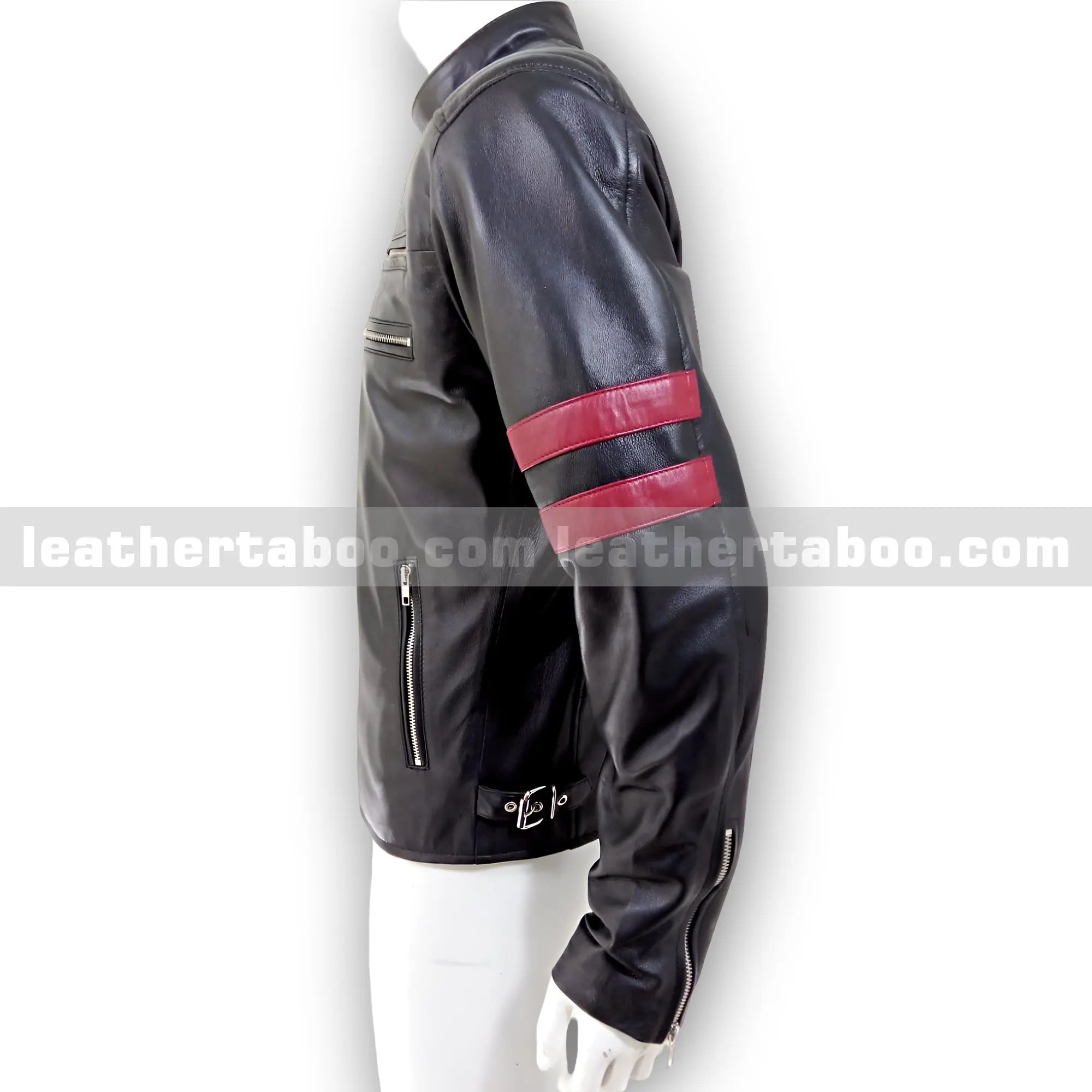 Men's Black Sheepskin Leather Jacket with Red Arm Stripes & Zipper Accents - Leather taboo