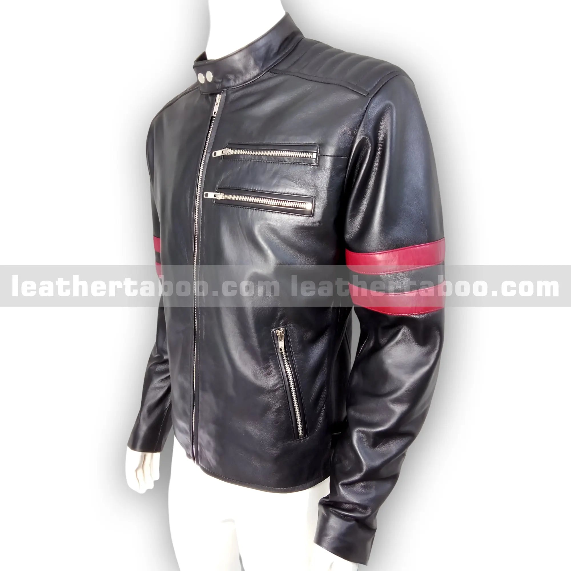 Men's Black Sheepskin Leather Jacket with Red Arm Stripes & Zipper Accents - Leather taboo