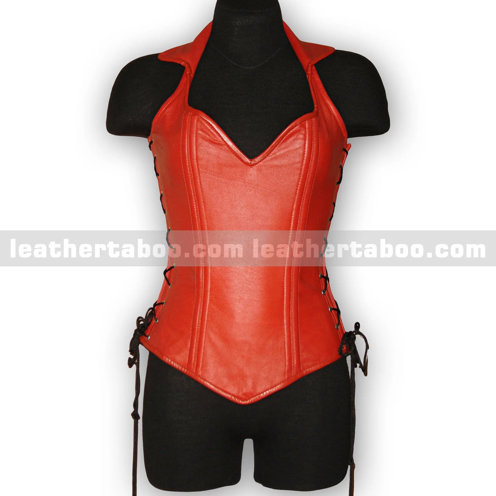 Premium Sheepskin Leather Corset Top for Women โ Red Halter Neck with Side Lacing - Leather taboo