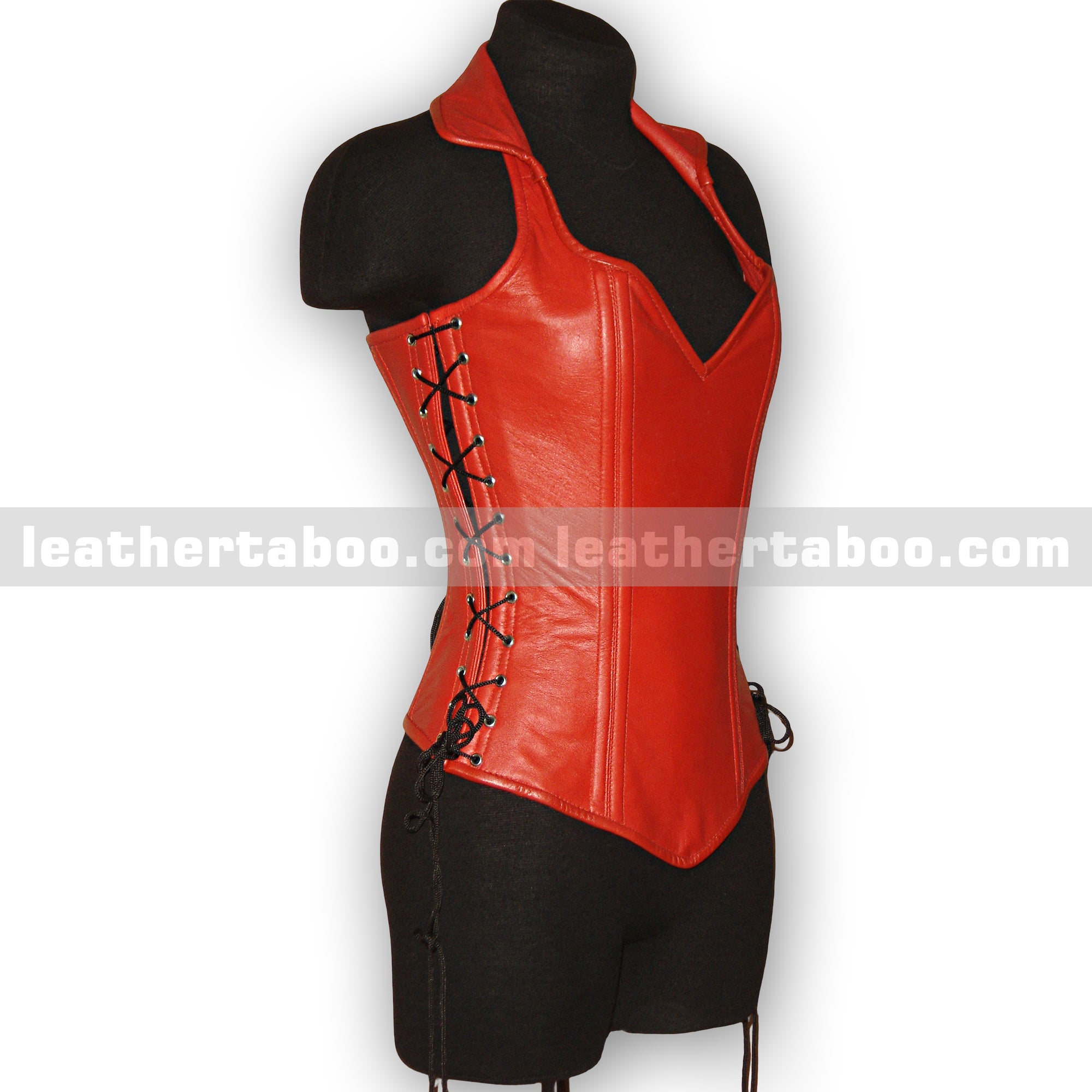 Premium Sheepskin Leather Corset Top for Women – Red Halter Neck with Side Lacing