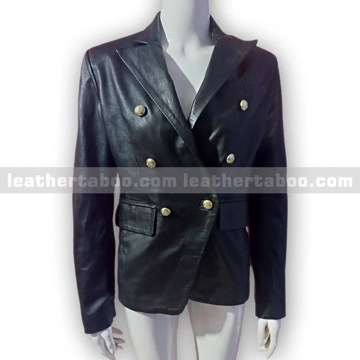 Women's Black Sheepskin Leather Blazer with Gold Buttons – Double Breasted Formal Jacket - Leather taboo