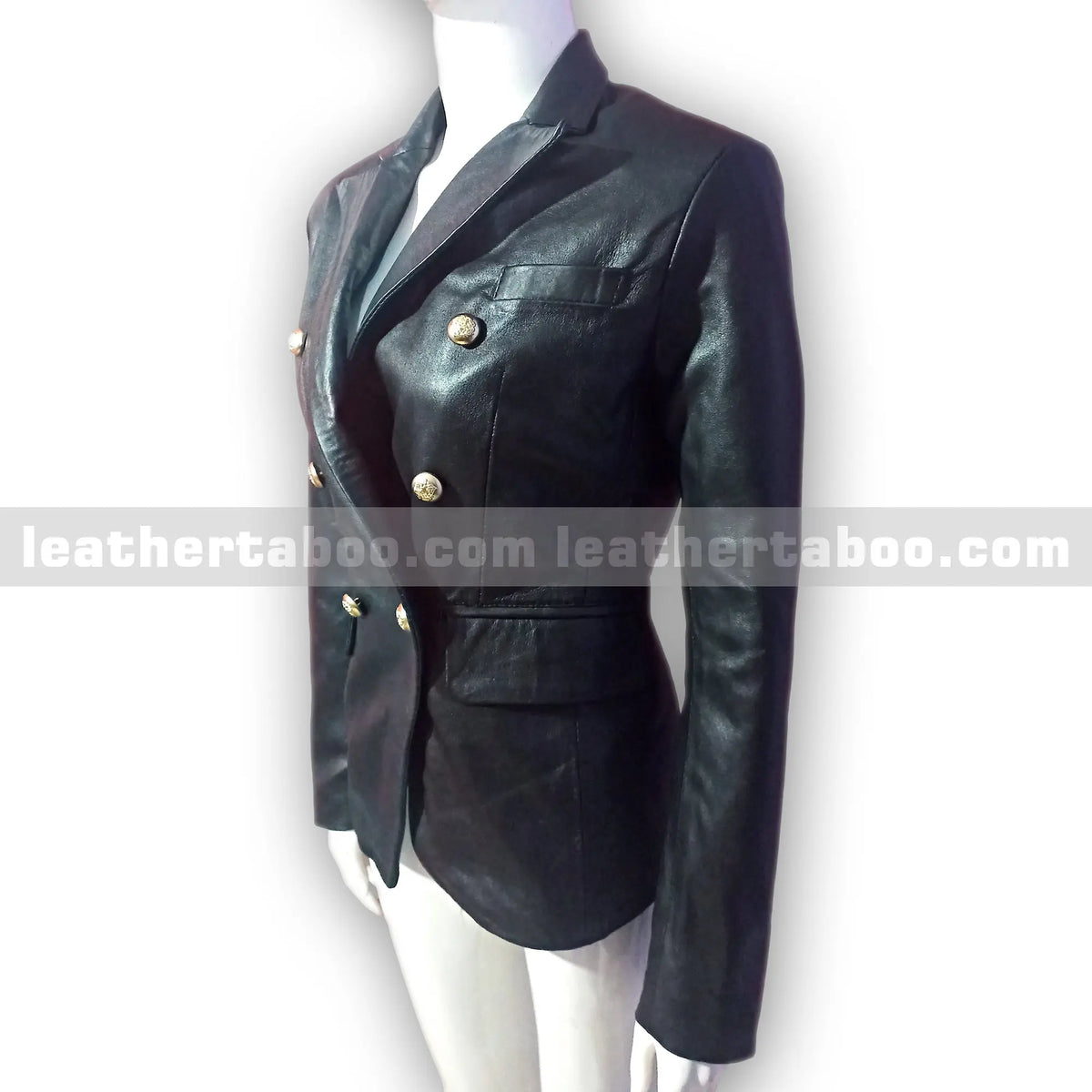 Women's Black Sheepskin Leather Blazer with Gold Buttons – Double Breasted Formal Jacket - Leather taboo